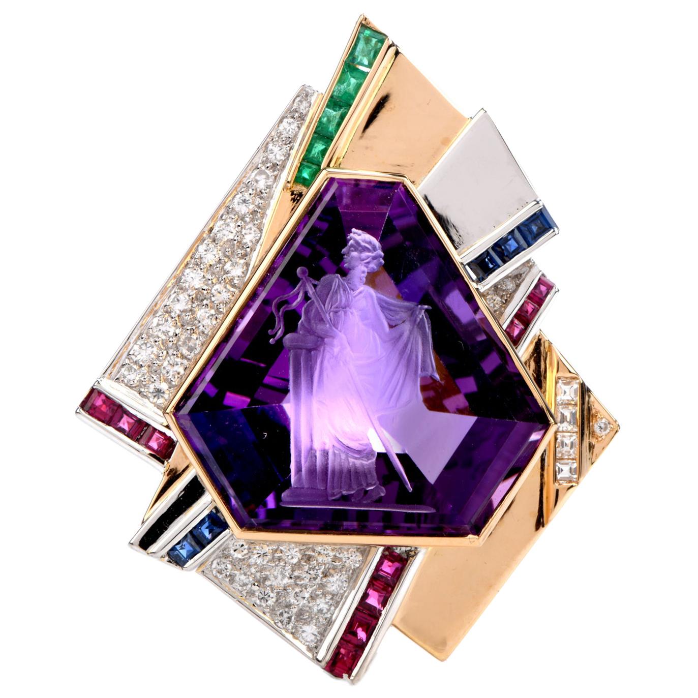 1980s Intaglio Amethyst Diamond Emerald Ruby Gold Platinum Brooch Pendant