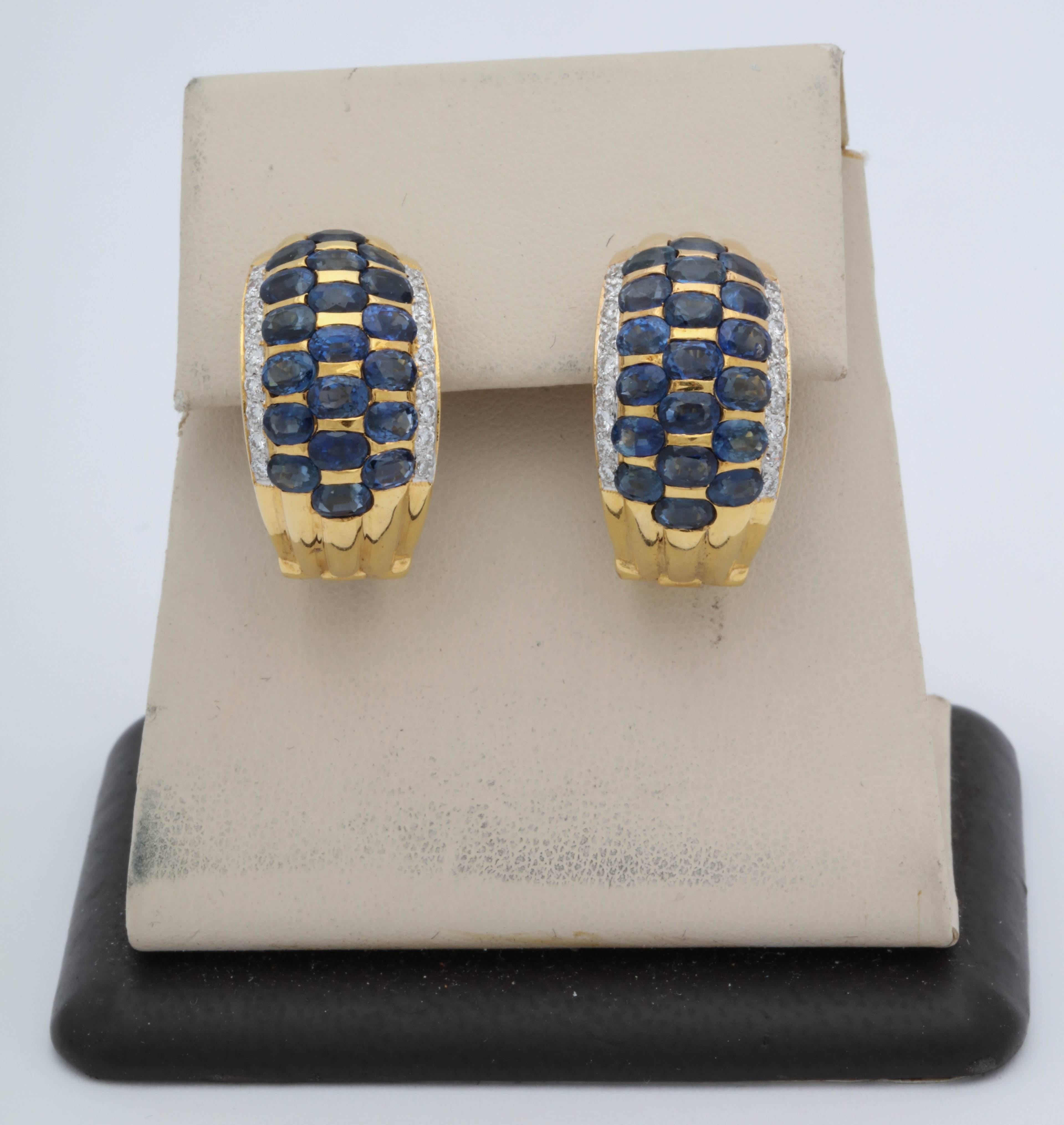 Oval Cut 1980s Invisible Set Oval Sapphires with Diamond Edges Gold Half Hoop Earrings