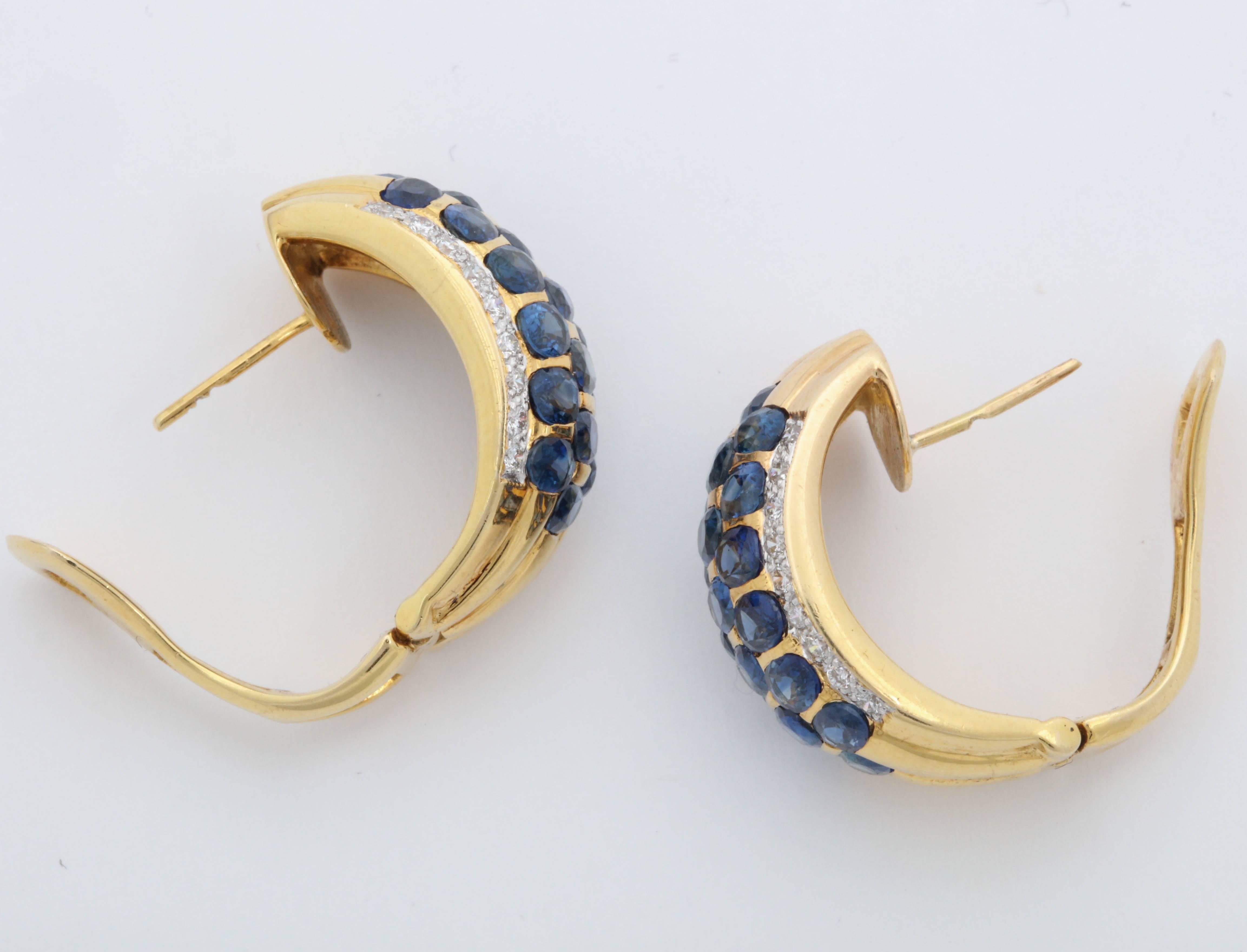 Women's 1980s Invisible Set Oval Sapphires with Diamond Edges Gold Half Hoop Earrings