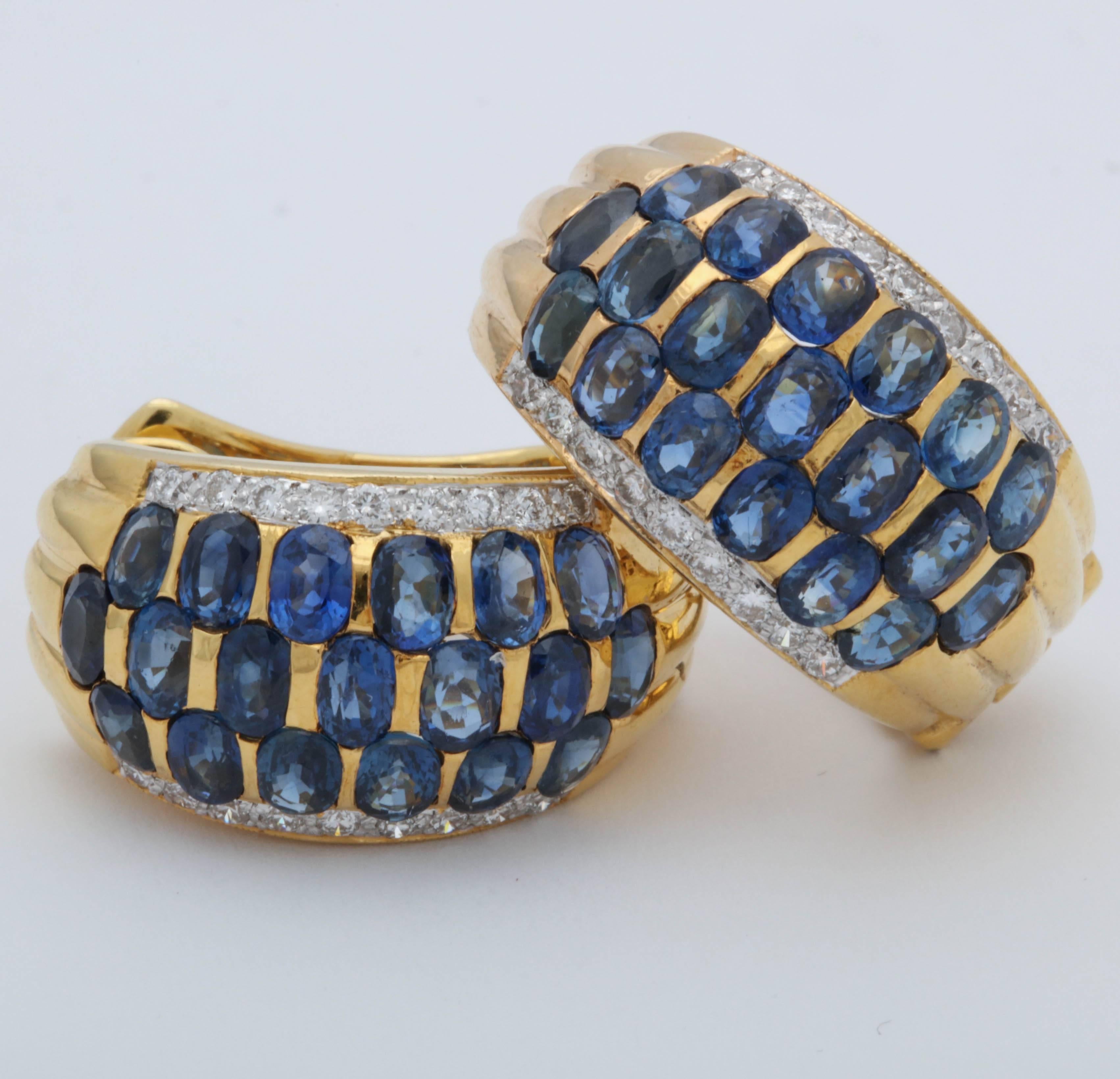 1980s Invisible Set Oval Sapphires with Diamond Edges Gold Half Hoop Earrings 2