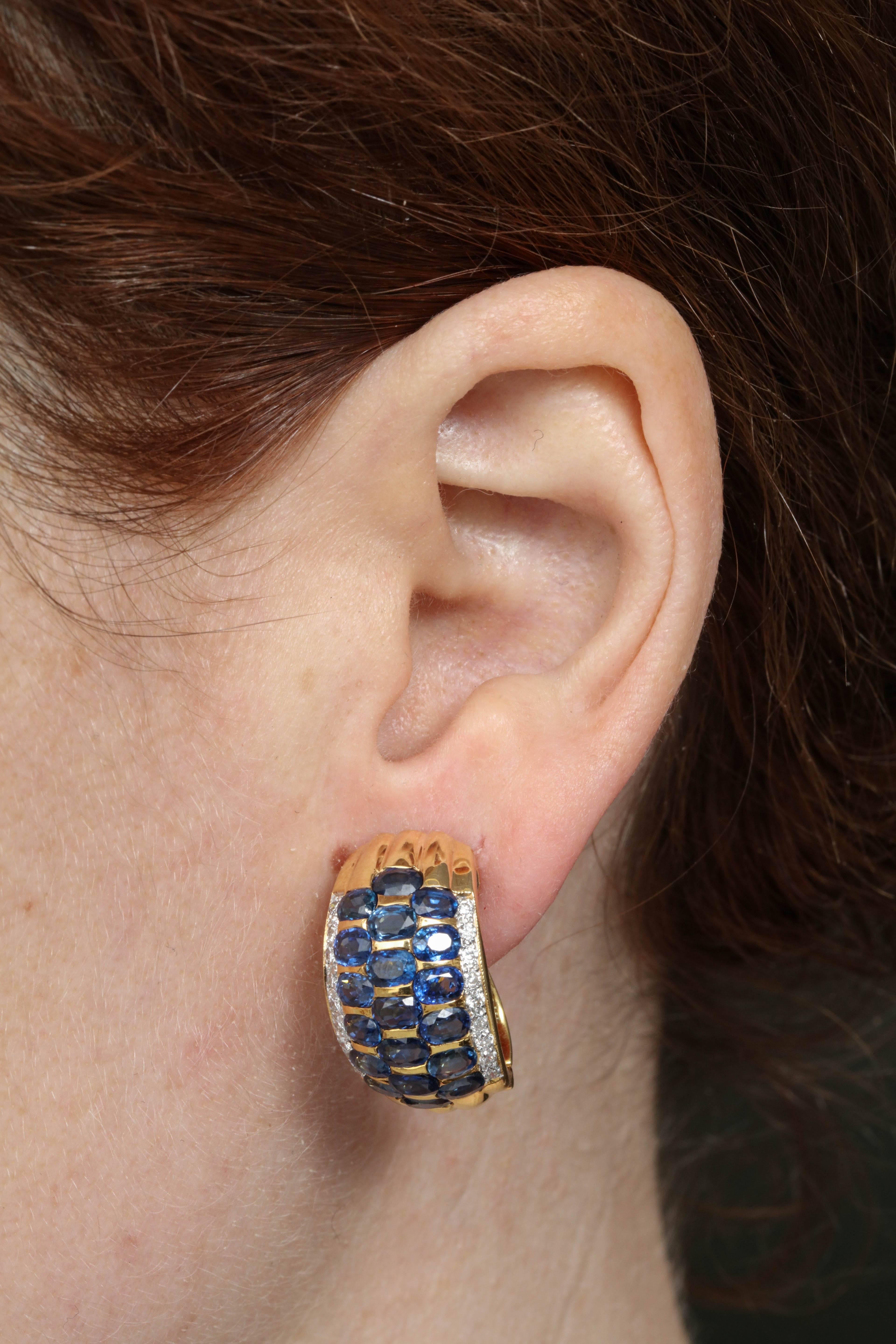 1980s Invisible Set Oval Sapphires with Diamond Edges Gold Half Hoop Earrings 3