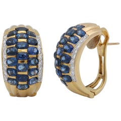 1980s Invisible Set Oval Sapphires with Diamond Edges Gold Half Hoop Earrings