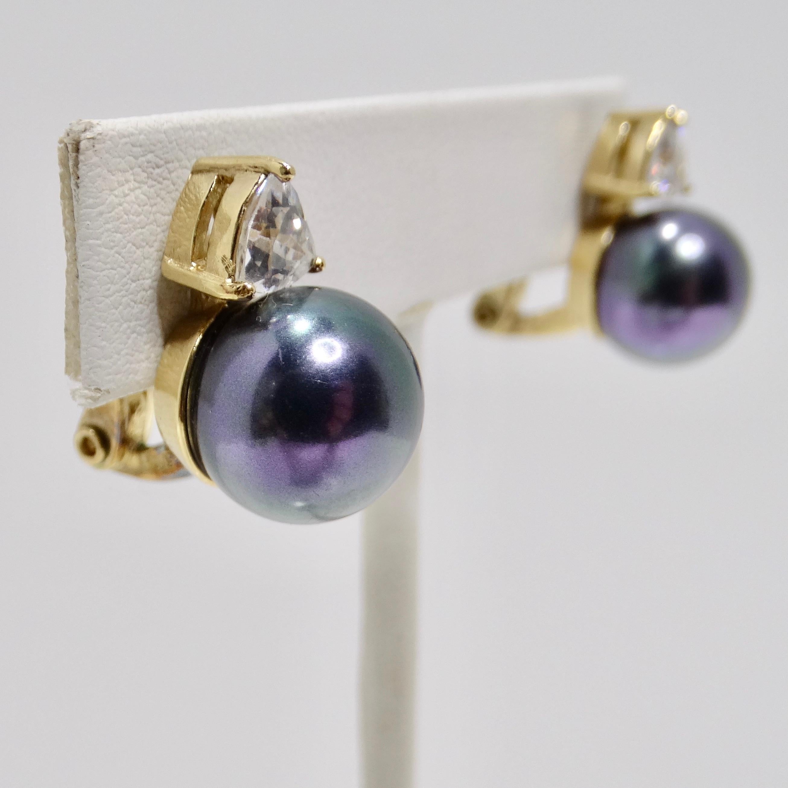 Women's or Men's 1980s Iridescent Pearl Rhinestone Earrings For Sale