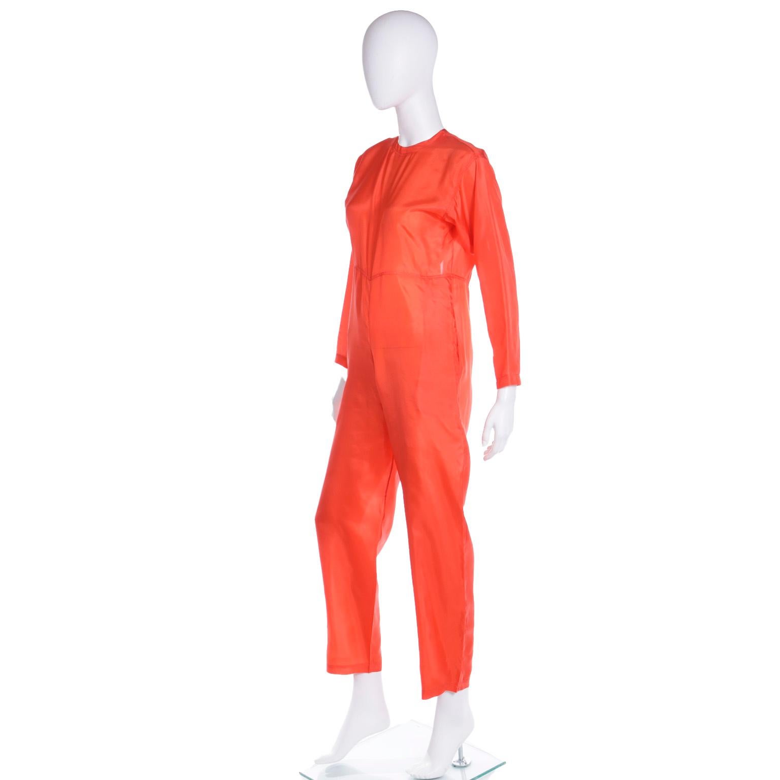 Red 1980s Isaac Mizrahi Vintage Orange Silk One Piece Jumpsuit For Sale