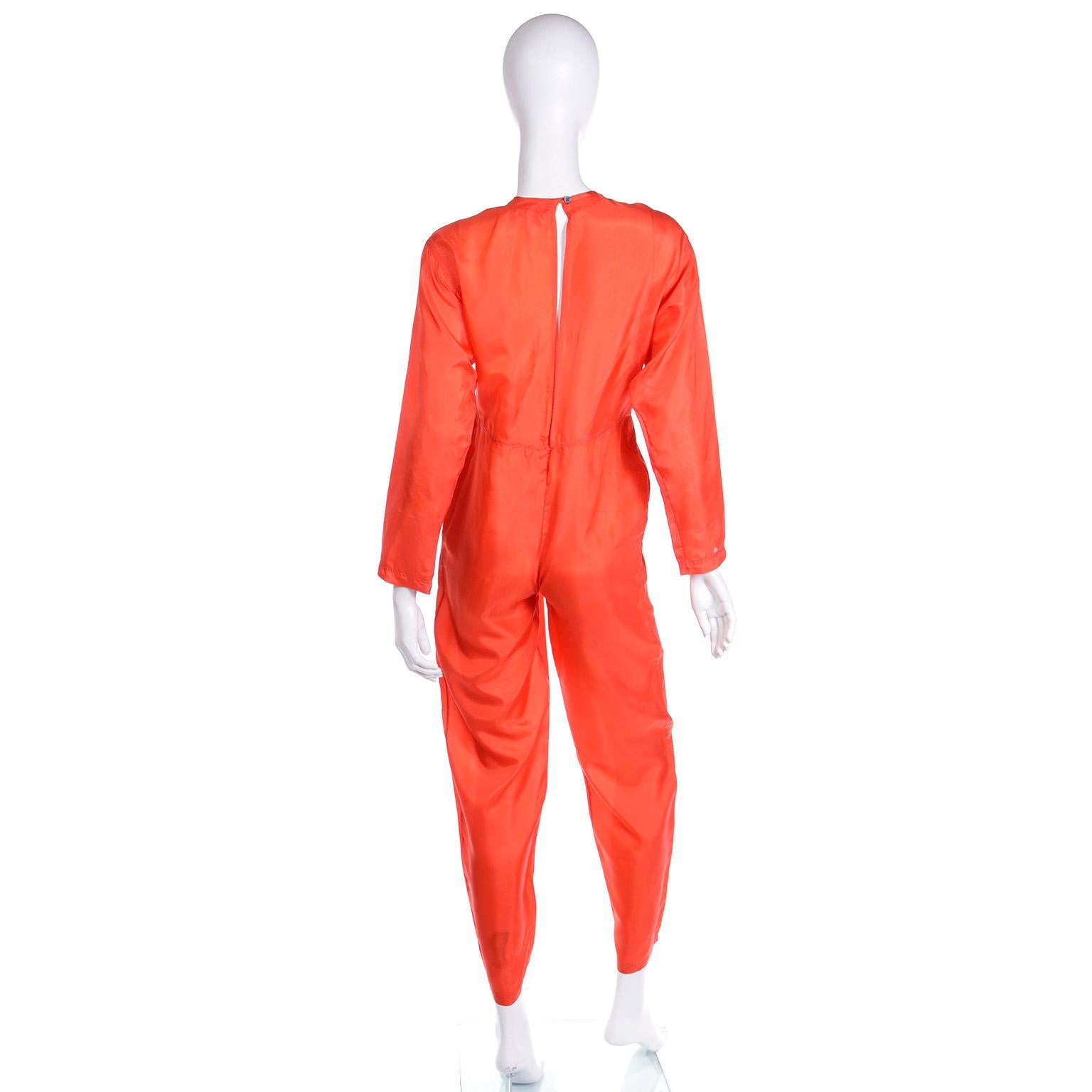1980s Isaac Mizrahi Vintage Orange Silk One Piece Jumpsuit In Excellent Condition For Sale In Portland, OR