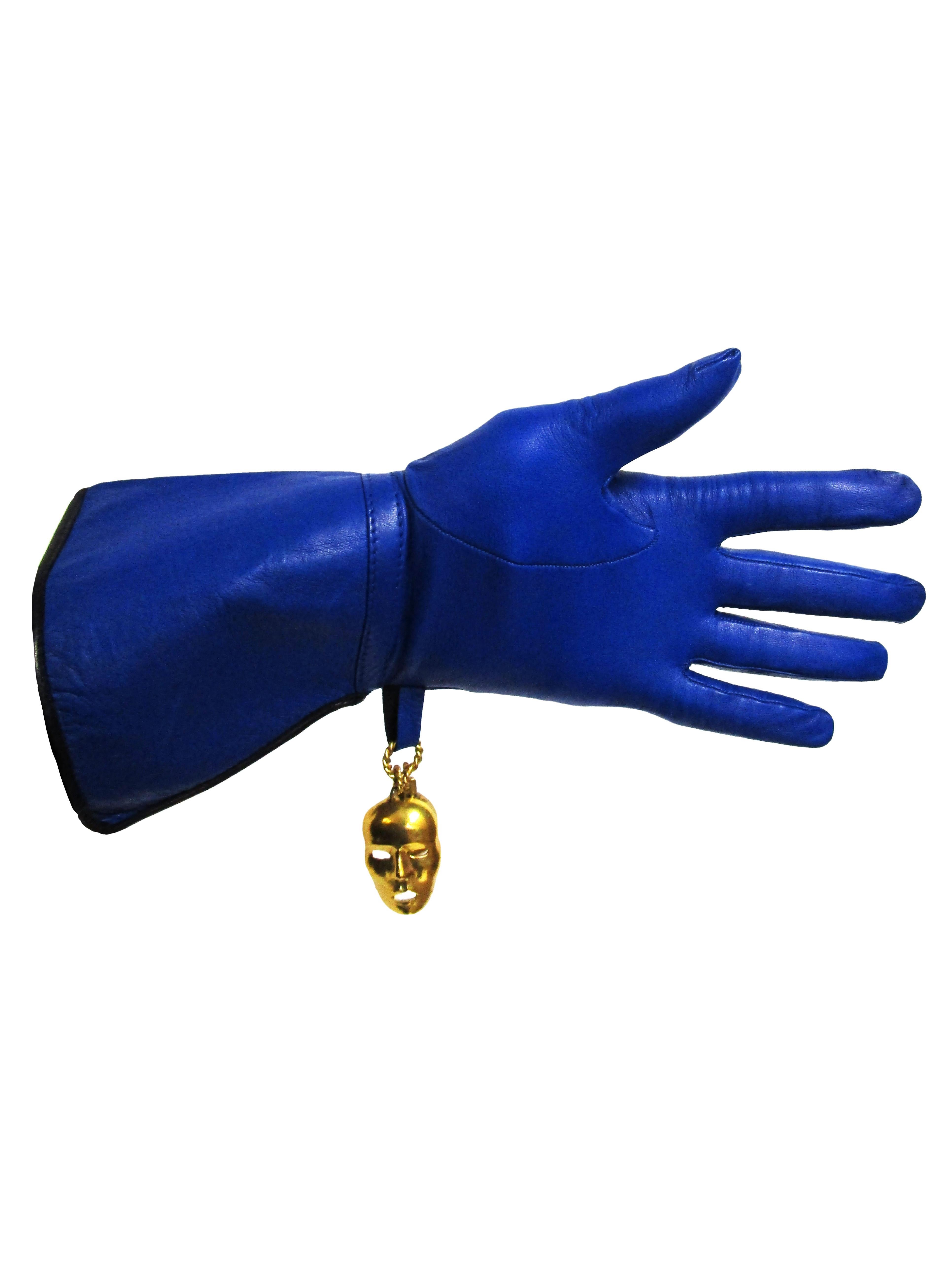 1980s Isabel Canovas Azure Blue Leather Gloves 