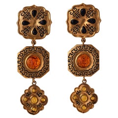 1980s Isabel Canovas Gold Triple Drop Engraved Earrings