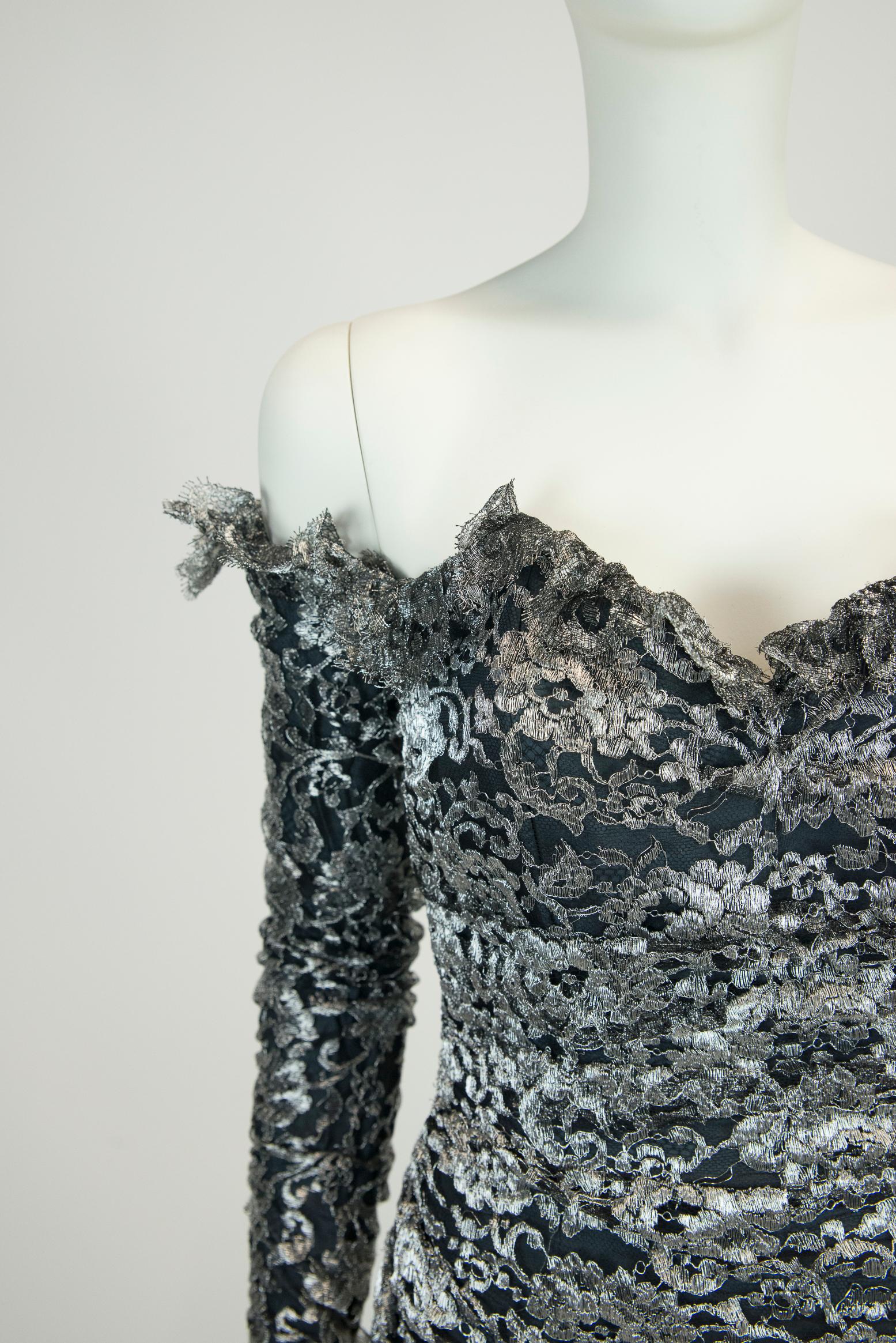1980s Isabelle Allard Bows-Embellished Ruched Lace Dress & Removable Sleeves Set For Sale 12
