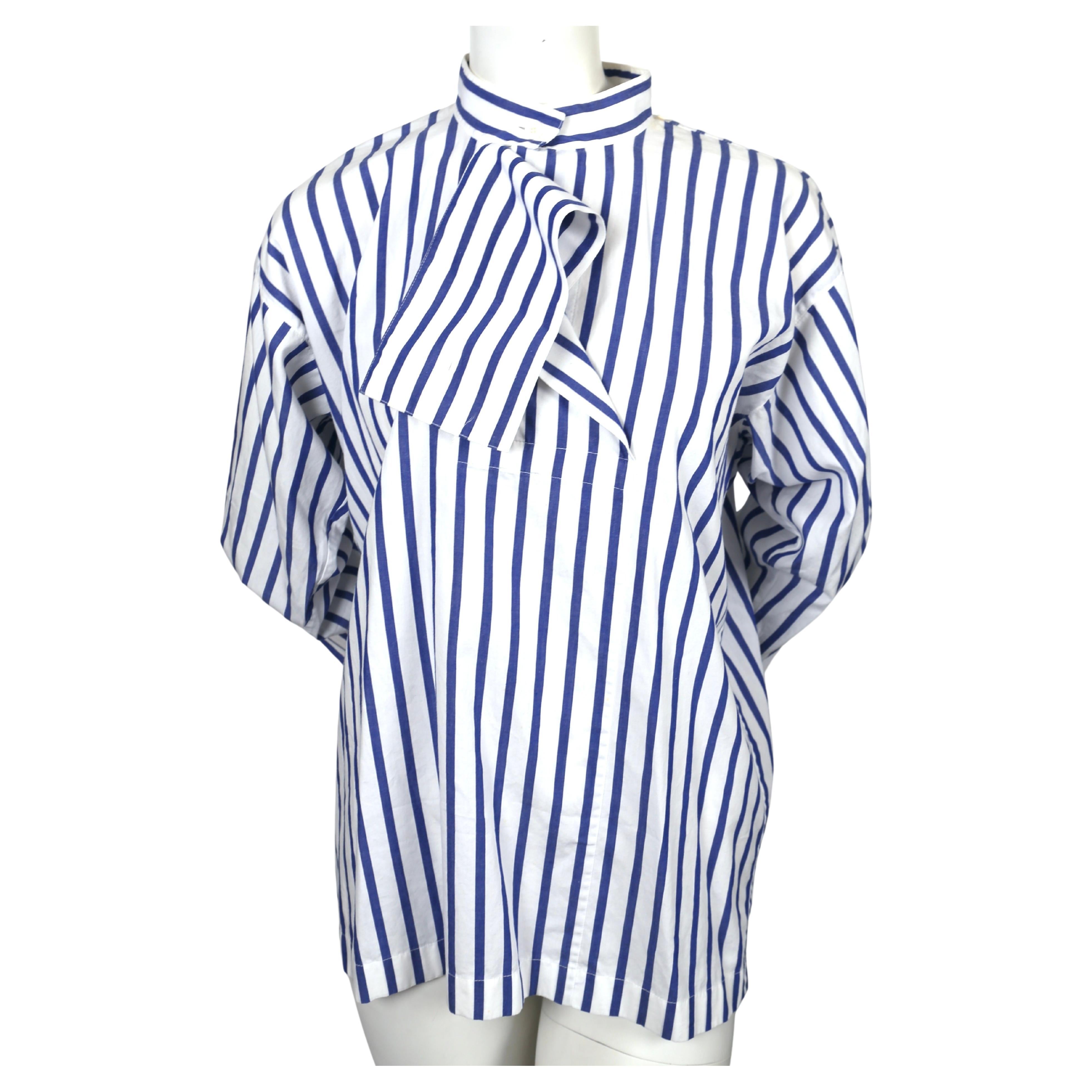 Gray 1980's ISSEY MIYAKE blue and white striped cotton shirt with draped neckline For Sale