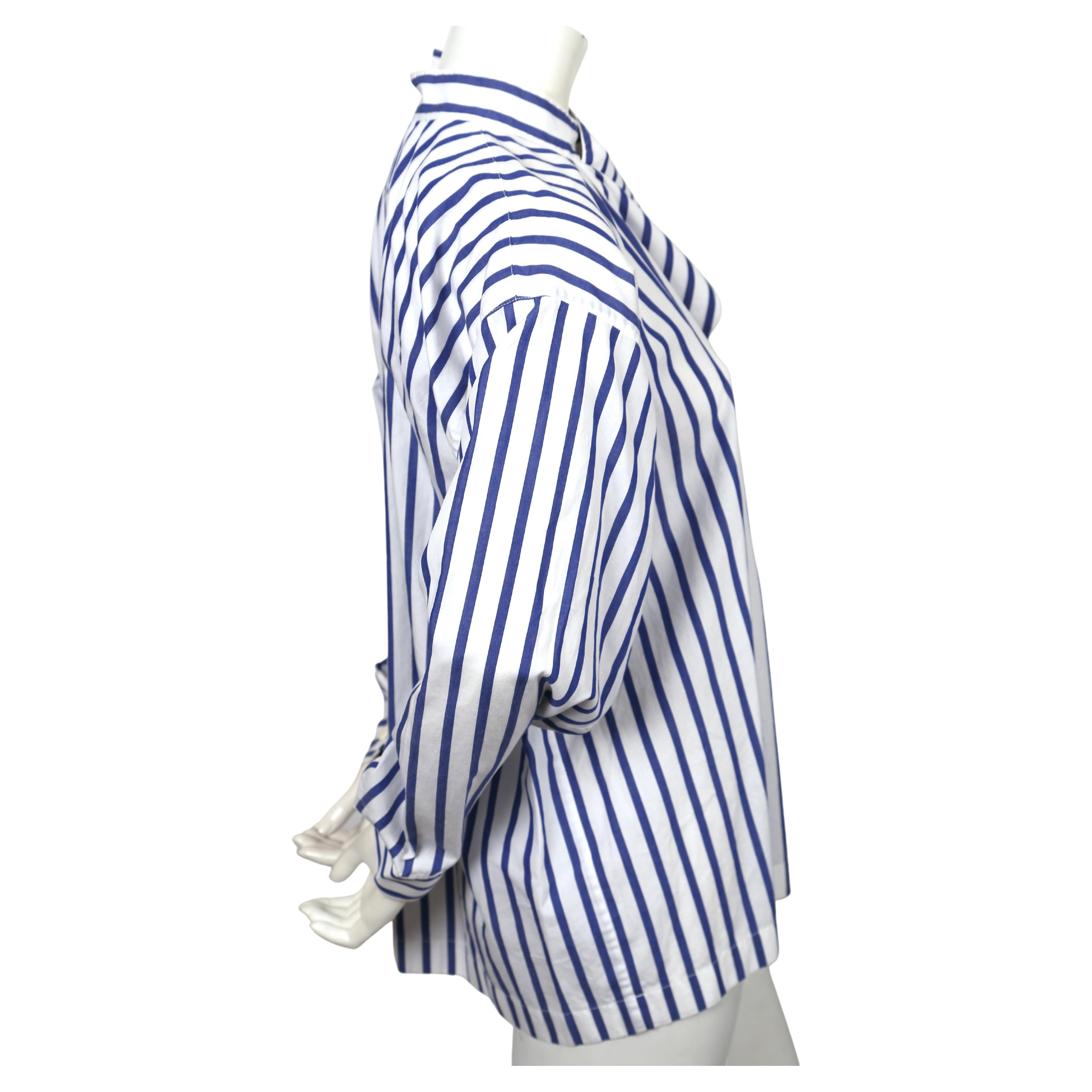 1980's ISSEY MIYAKE blue and white striped cotton shirt with draped neckline In Good Condition For Sale In San Fransisco, CA