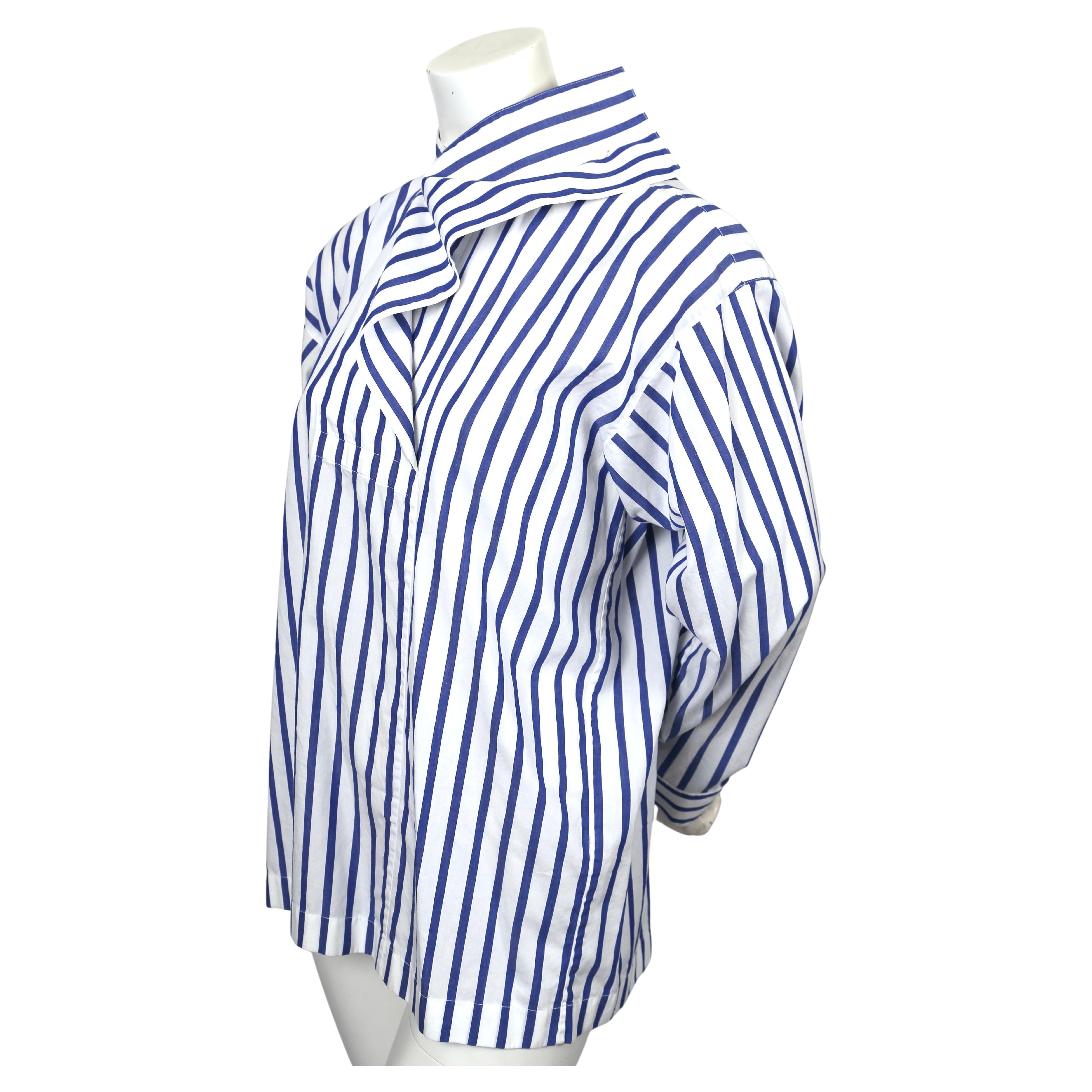 Women's or Men's 1980's ISSEY MIYAKE blue and white striped cotton shirt with draped neckline For Sale