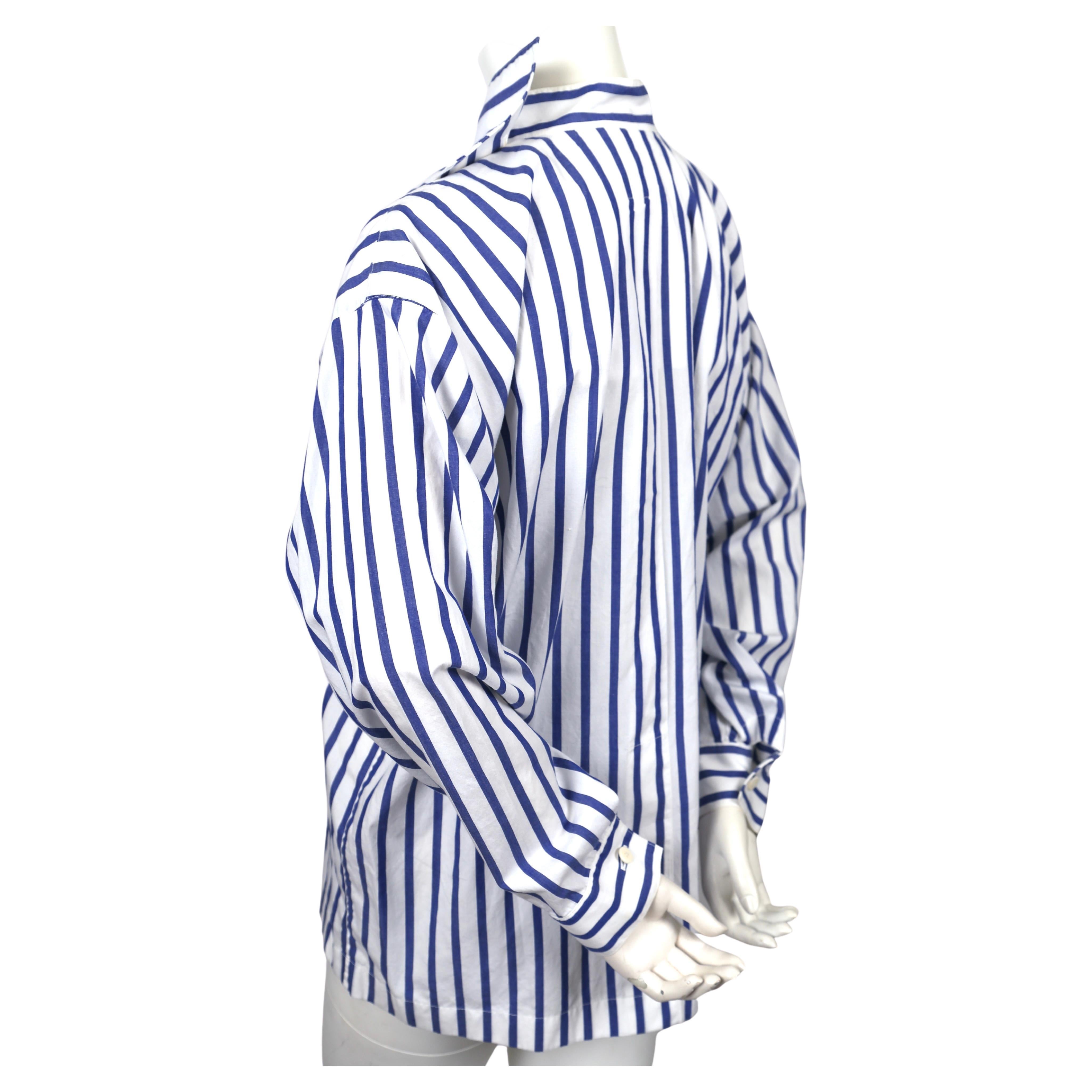 1980's ISSEY MIYAKE blue and white striped cotton shirt with draped neckline For Sale 1