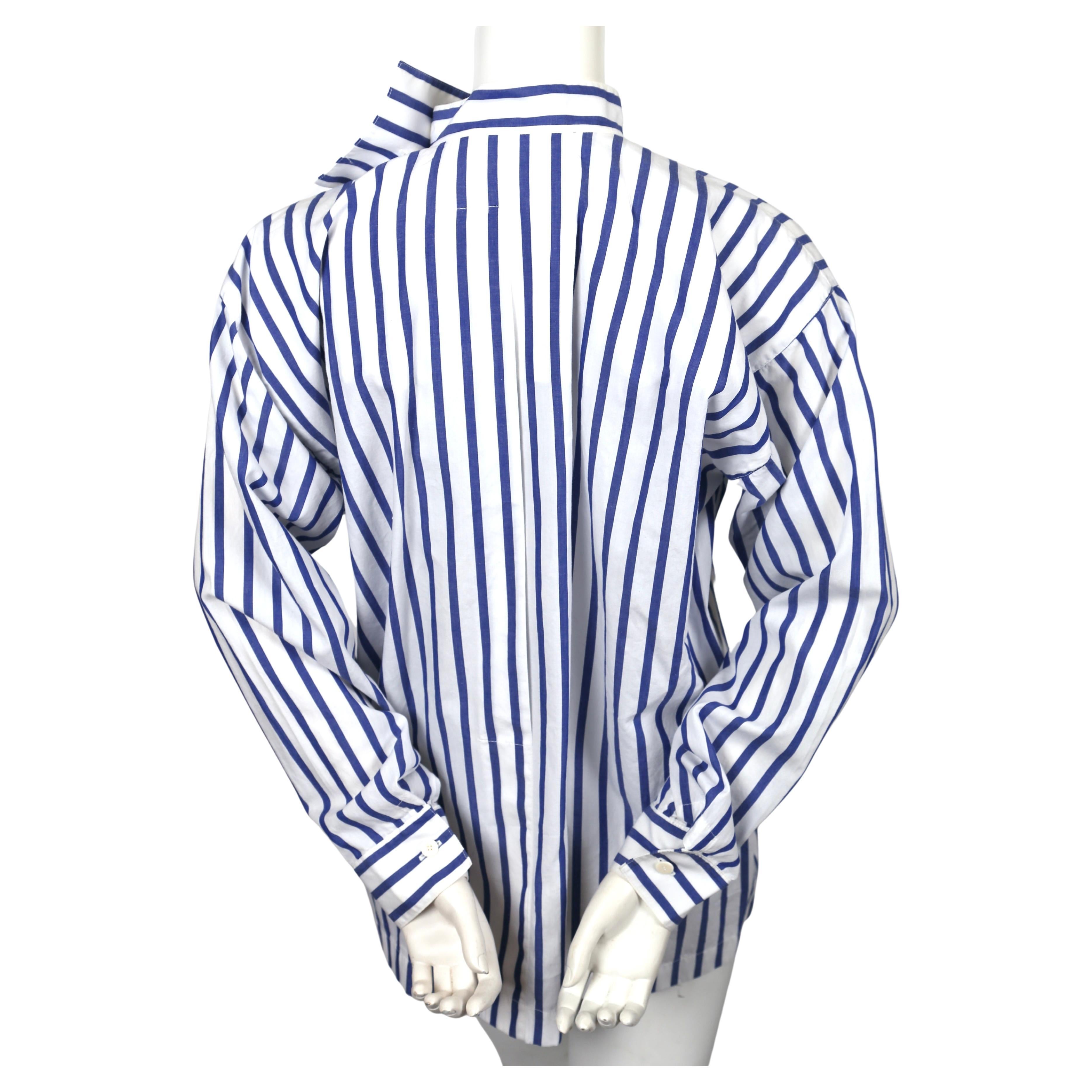 1980's ISSEY MIYAKE blue and white striped cotton shirt with draped neckline For Sale 2