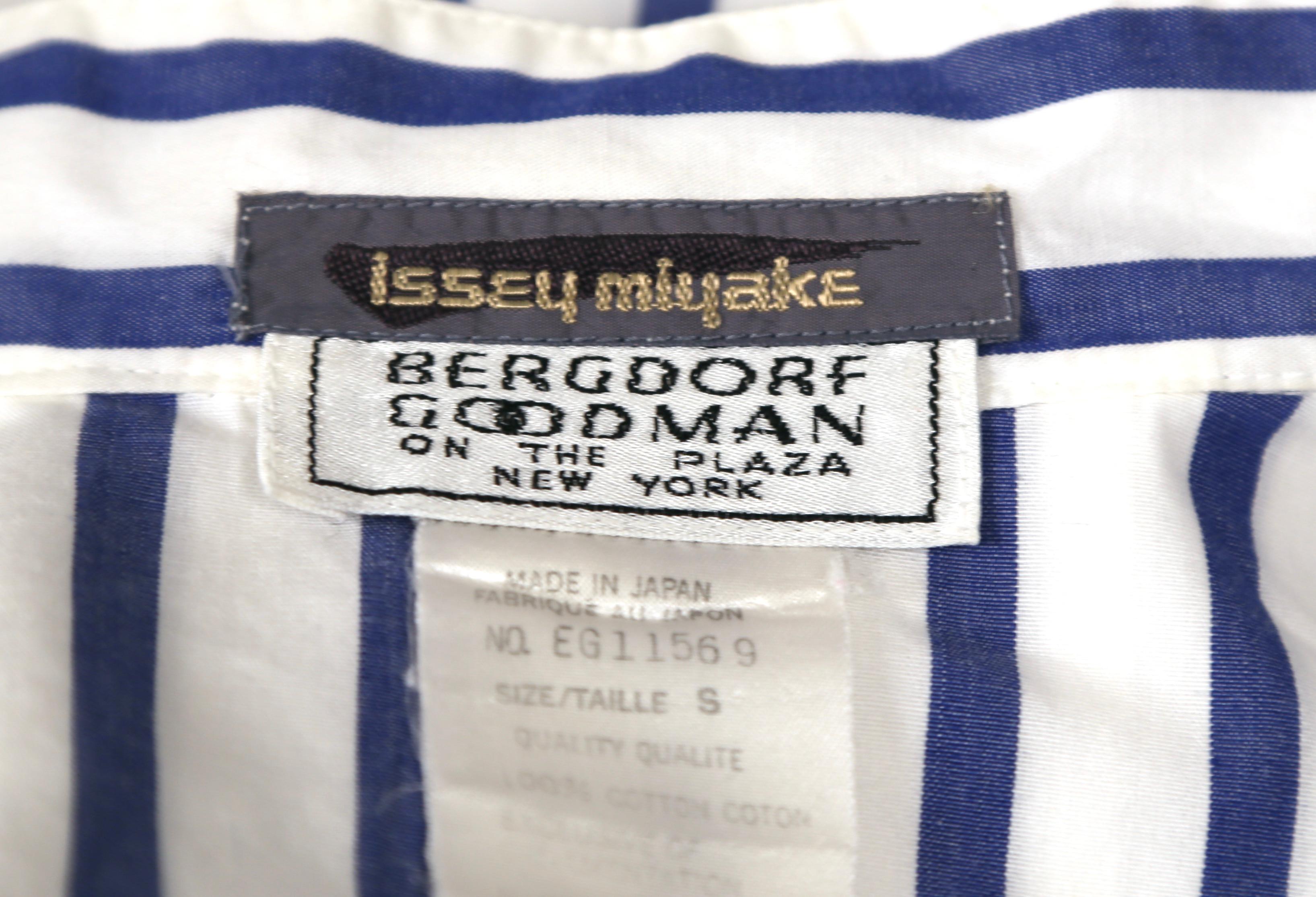 1980's ISSEY MIYAKE blue and white striped cotton shirt with draped neckline For Sale 3