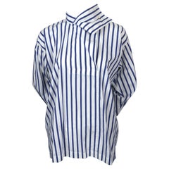 1980
s ISSEY MIYAKE blue and white striped cotton shirt with draped neckline