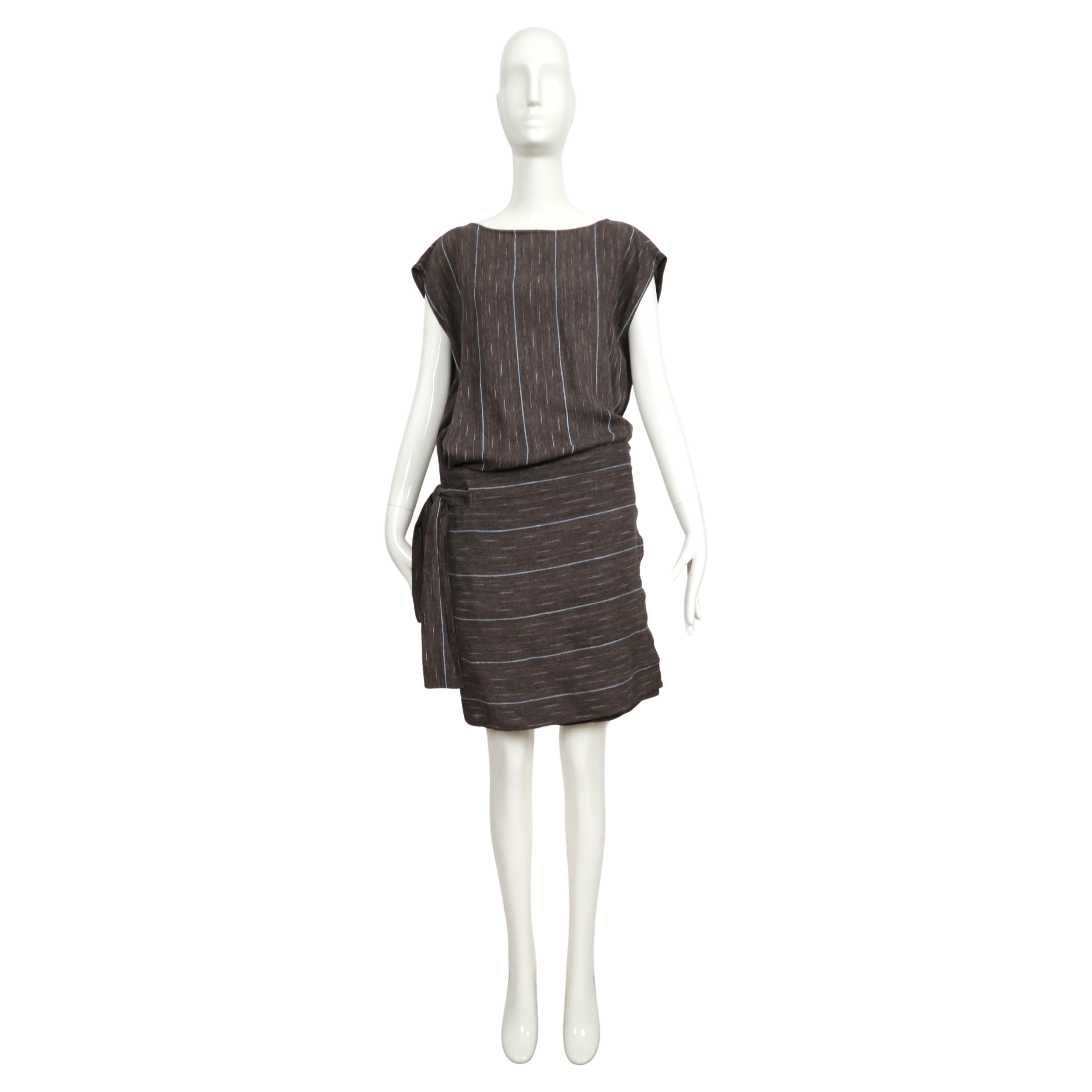 Black 1980's ISSEY MIYAKE charcoal grey IKAT woven wrap dress For Sale