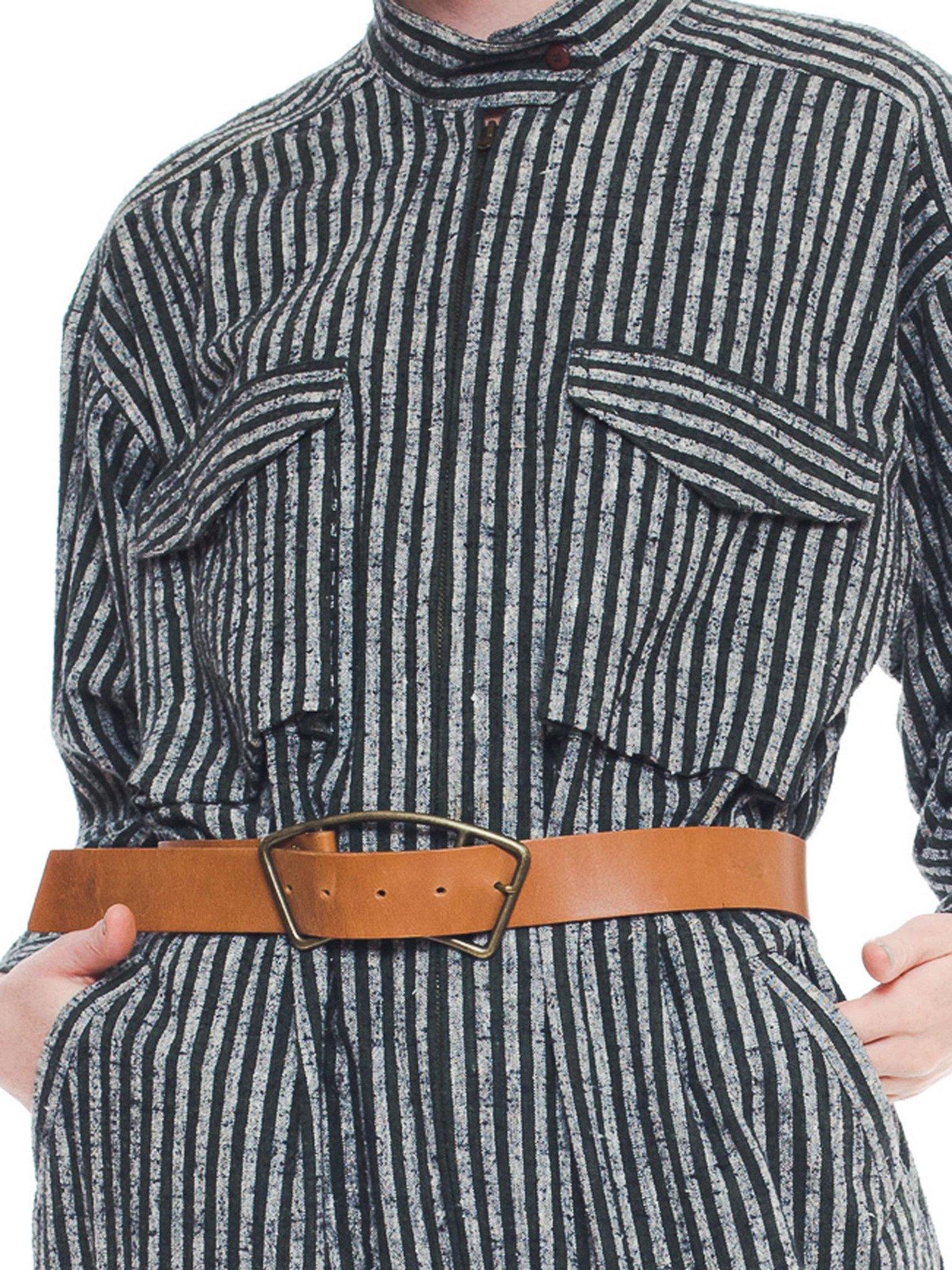 1980S ISSEY MIYAKE Dark Green & White Striped Cotton Utility Jumpsuit (Belt Not Included)