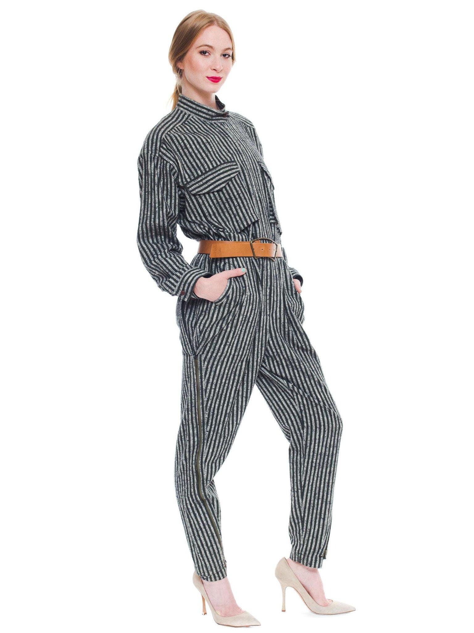 1980S ISSEY MIYAKE Dark Green & White Striped Cotton Utility Jumpsuit (Belt Not In Excellent Condition In New York, NY