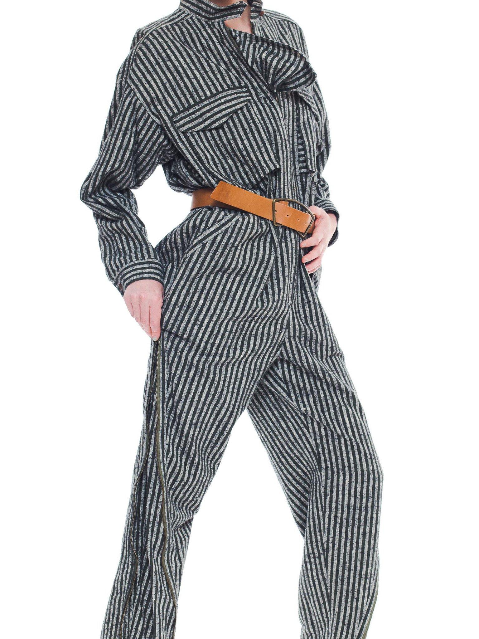 1980S ISSEY MIYAKE Dark Green & White Striped Cotton Utility Jumpsuit (Belt Not 2