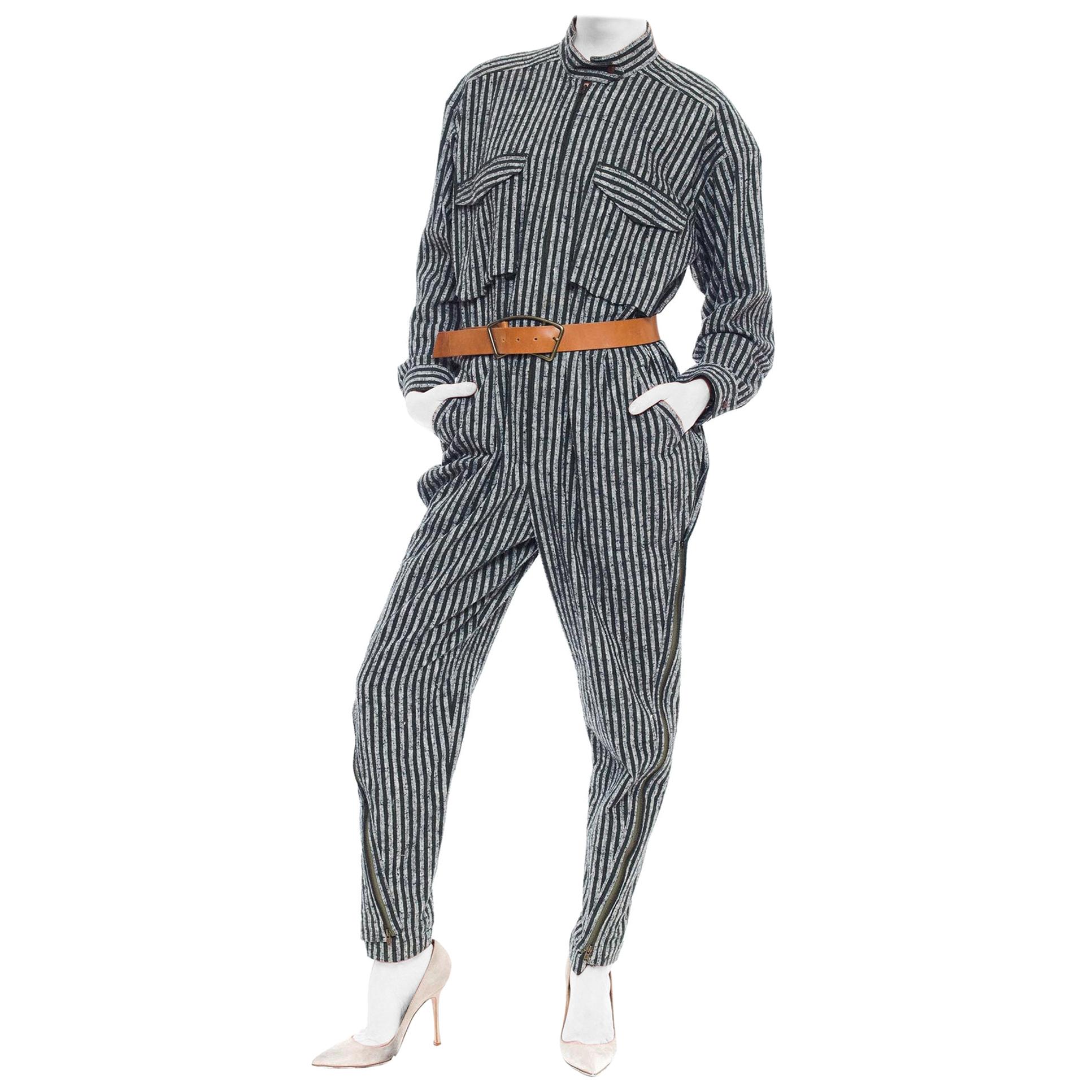 1980S ISSEY MIYAKE Dark Green & White Striped Cotton Utility Jumpsuit (Belt Not