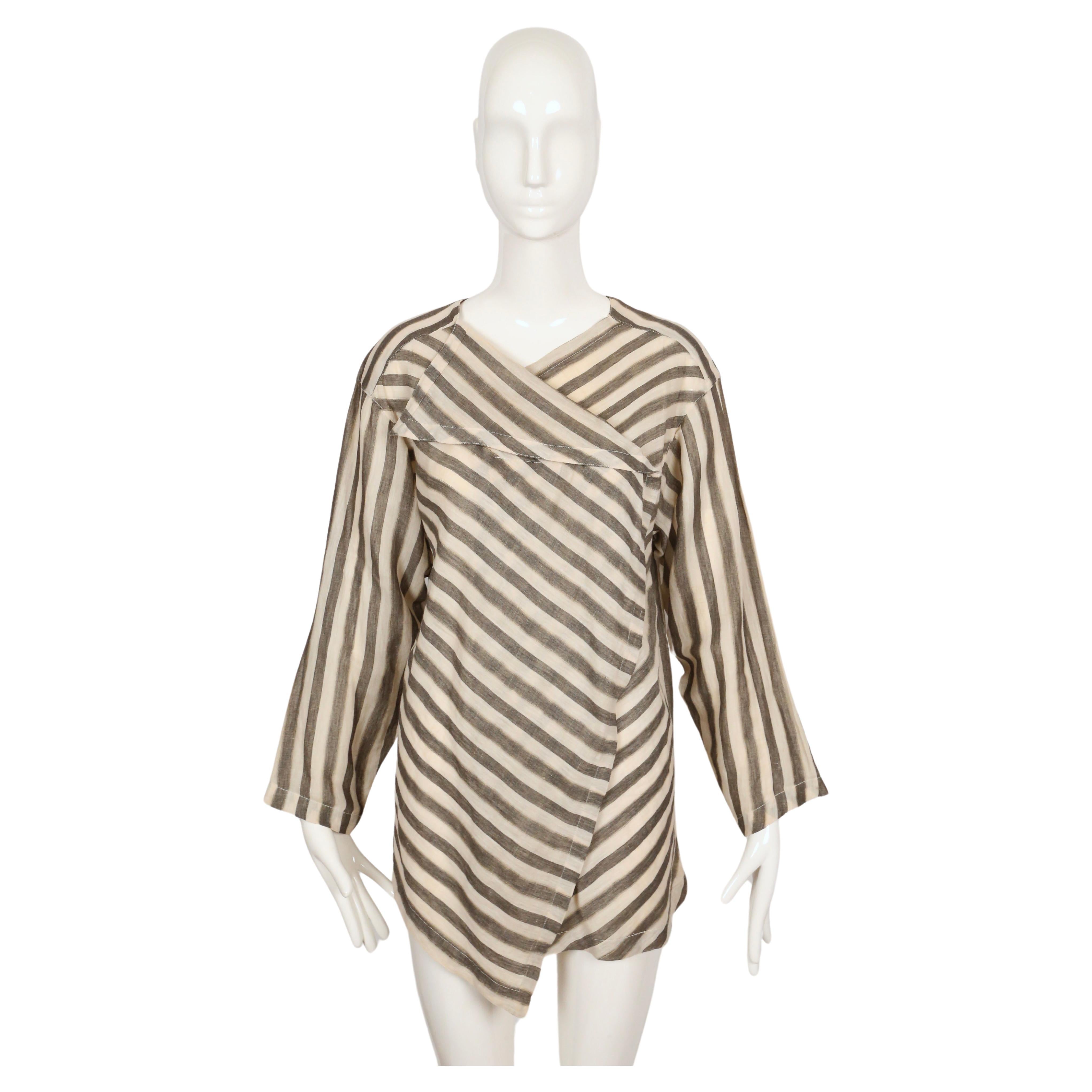 Brown 1980's ISSEY MIYAKE lightweight striped cotton tunic top For Sale