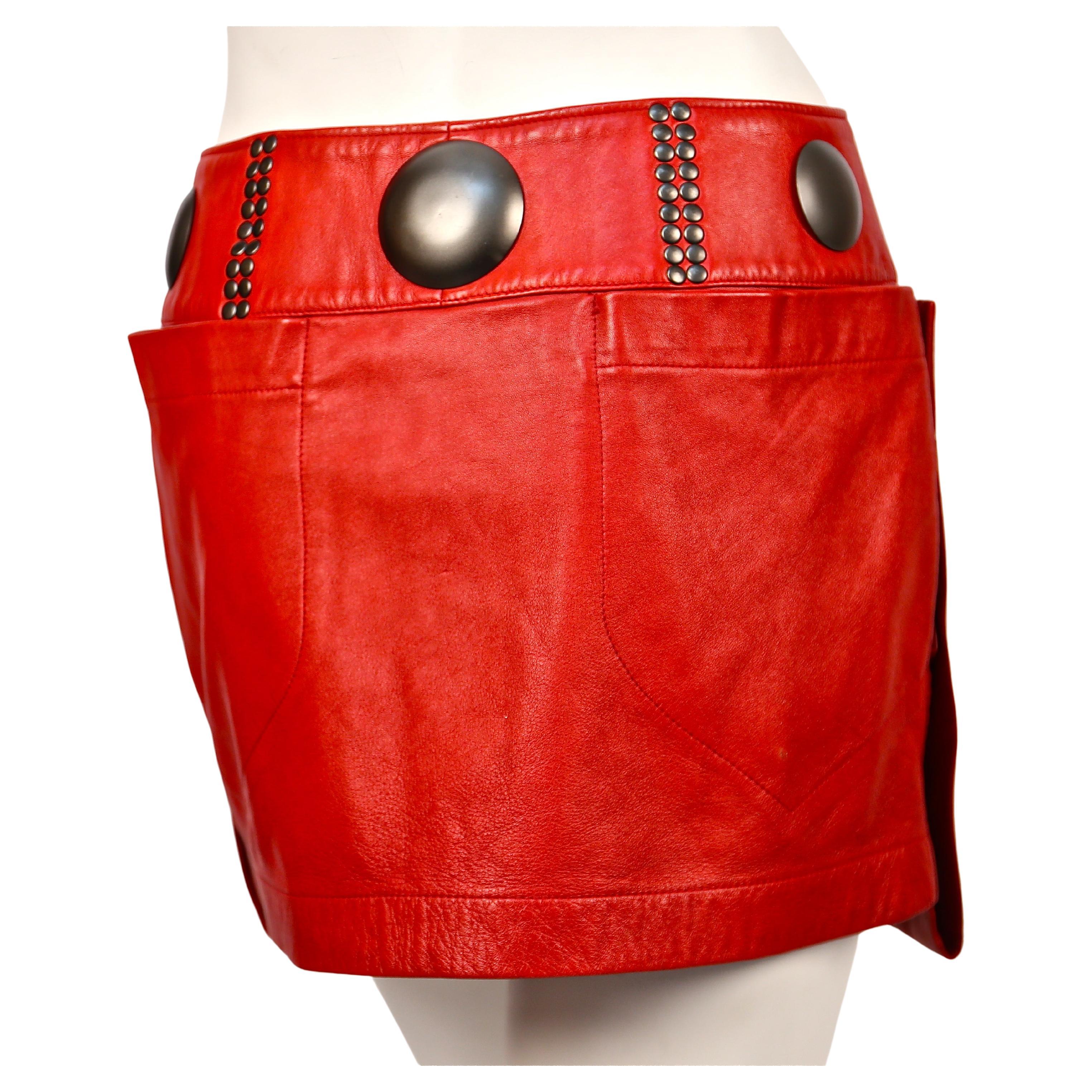 Women's or Men's 1980's ISSEY MIYAKE unworn red leather mini skirt with oversized studs For Sale