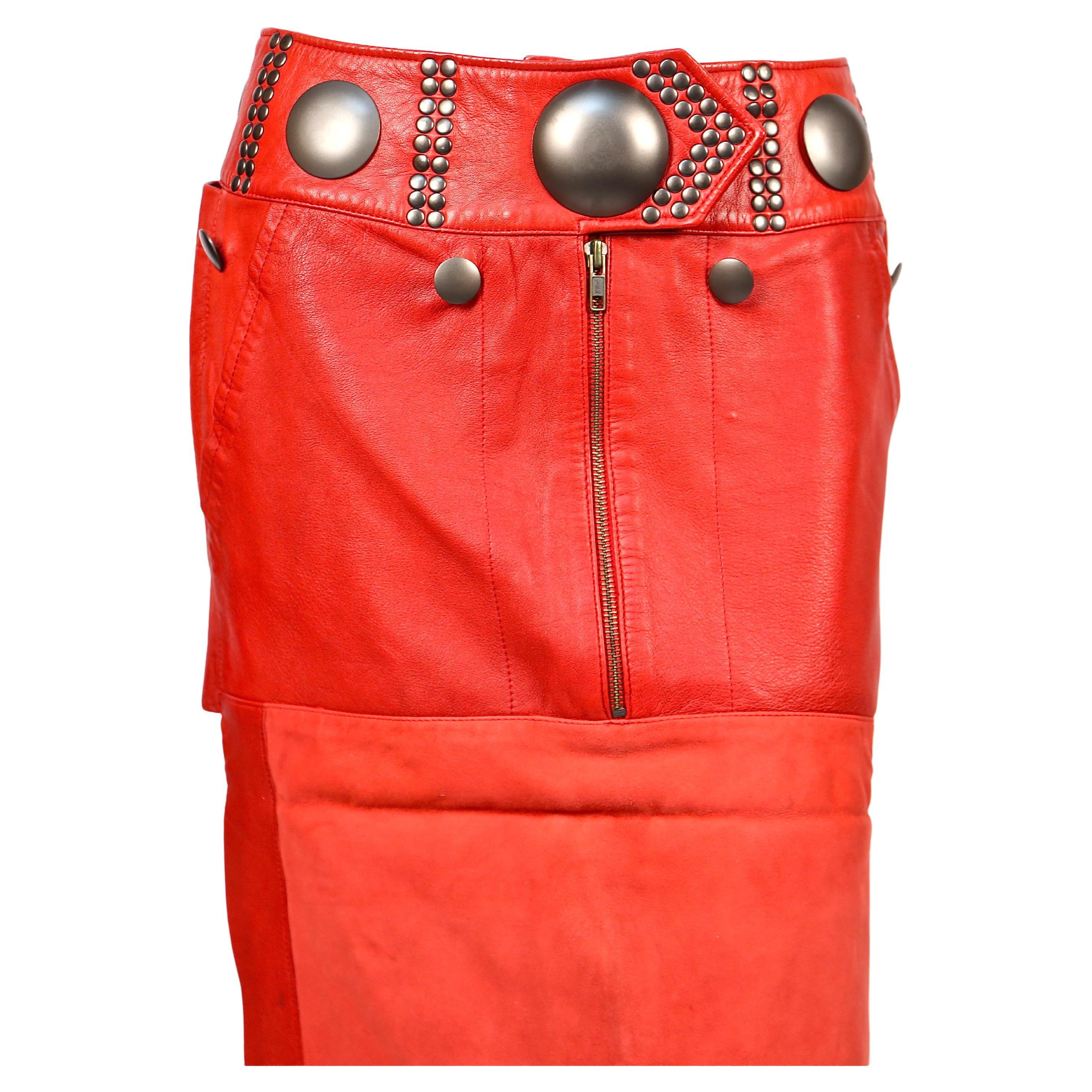 1980's ISSEY MIYAKE unworn red leather mini skirt with oversized studs For Sale 1