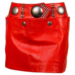 Retro 1980's ISSEY MIYAKE unworn red leather mini skirt with oversized studs