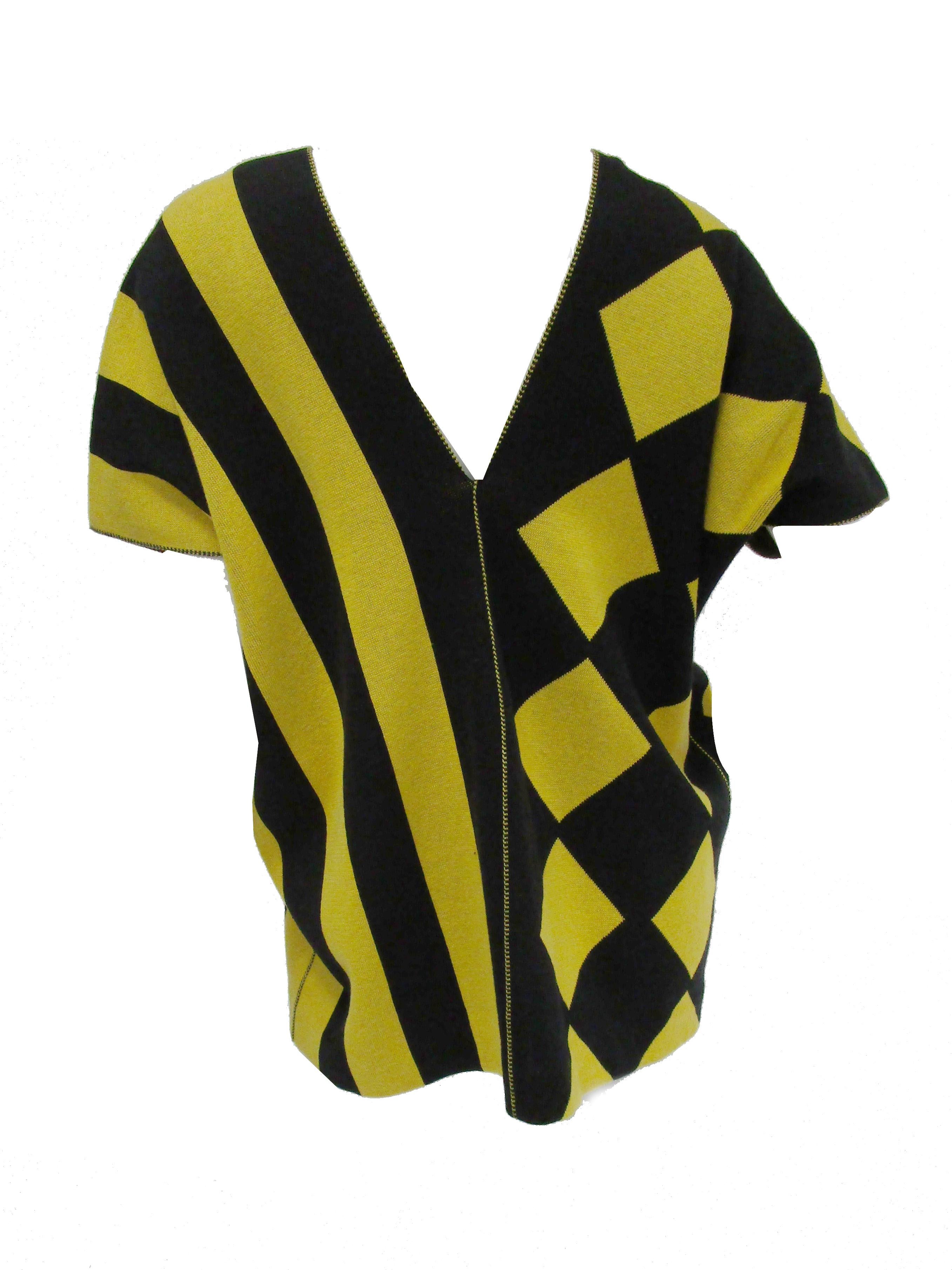 Women's or Men's 1980s Issey Miyake Yellow and Black Diamond and Stripe Cotton Knit Top For Sale