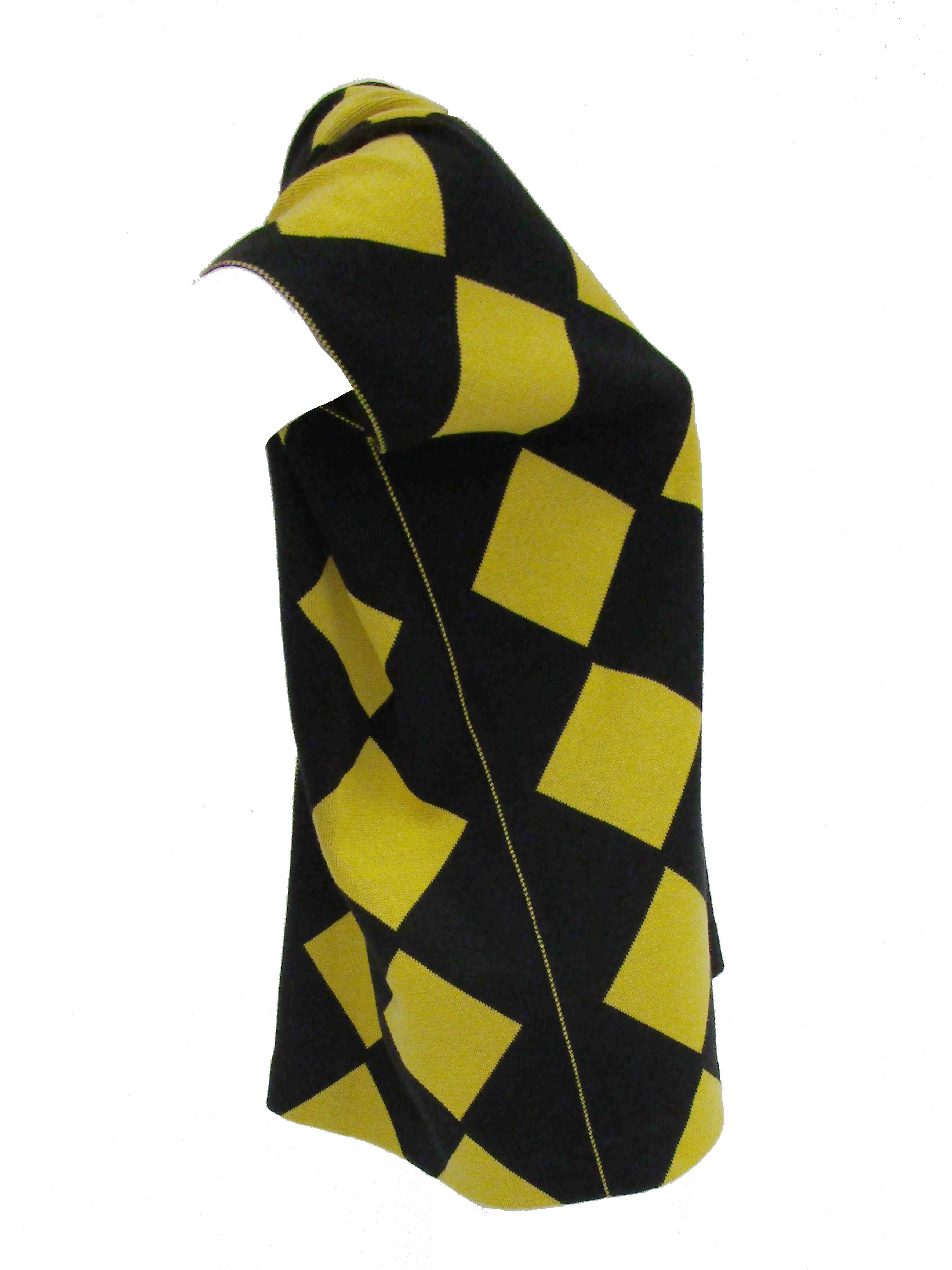 1980s Issey Miyake Yellow and Black Diamond and Stripe Cotton Knit Top For Sale 1