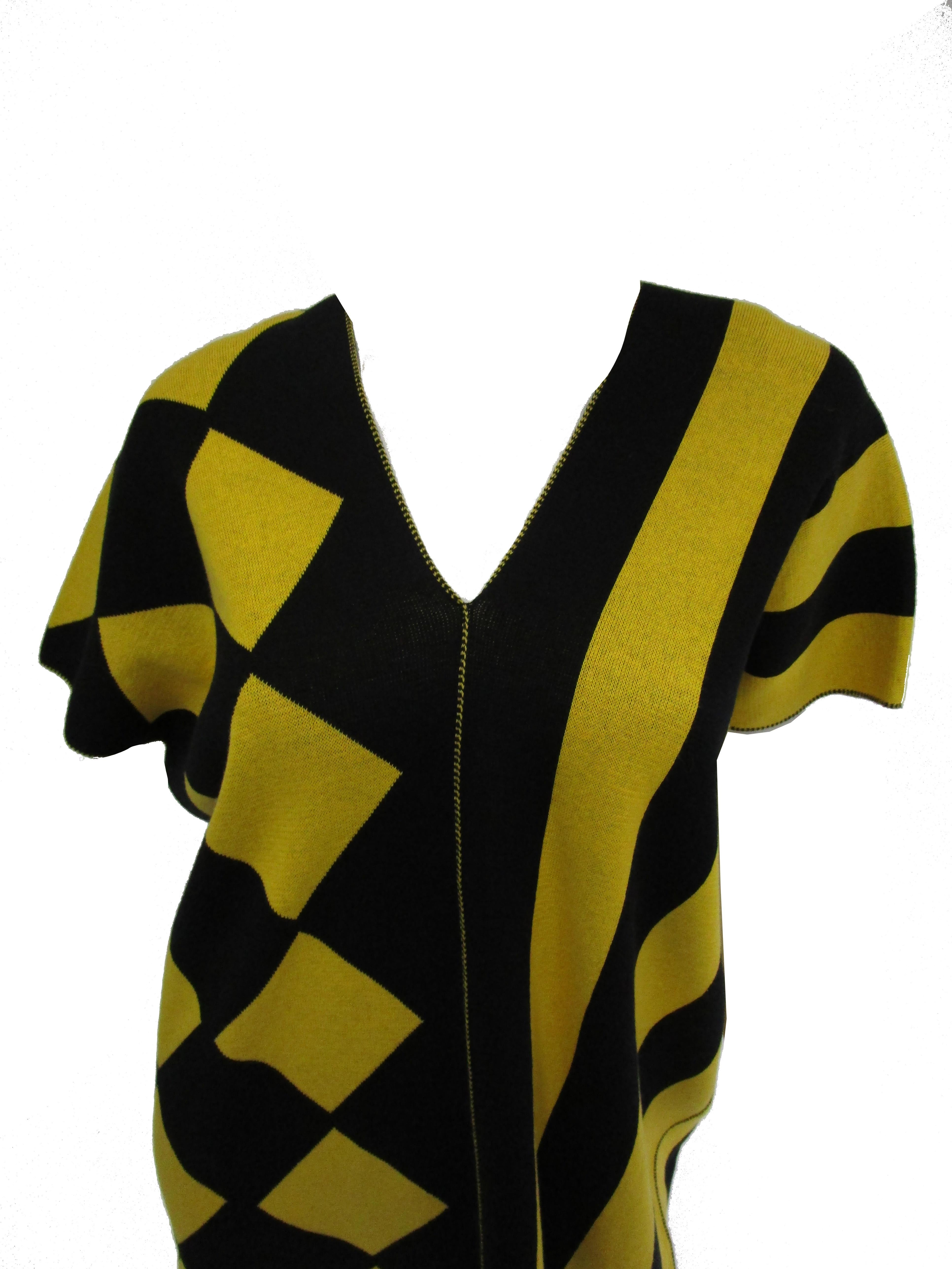 1980s Issey Miyake Yellow and Black Diamond and Stripe Cotton Knit Top For Sale 2