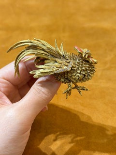 1980s Italian 18 Karat Gold Rooster Brooch with Diamond and Coral Accents