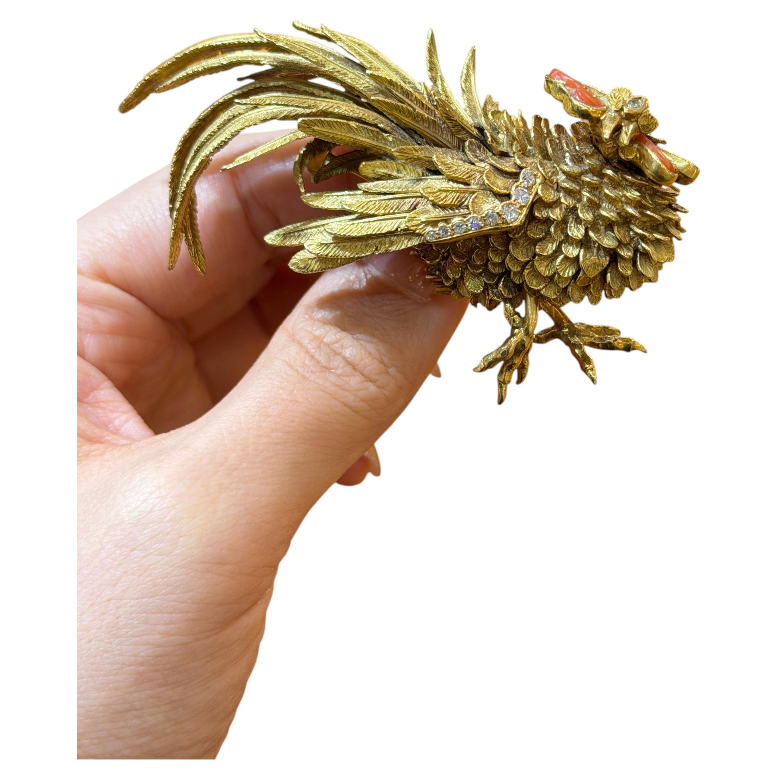 1980s Italian 18 Karat Gold Rooster Brooch with Diamond and Coral Accents