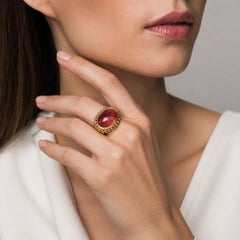 1980s Italian 18k Gold Cabochon Tourmaline Bombe Ring with Perlee Beaded Setting