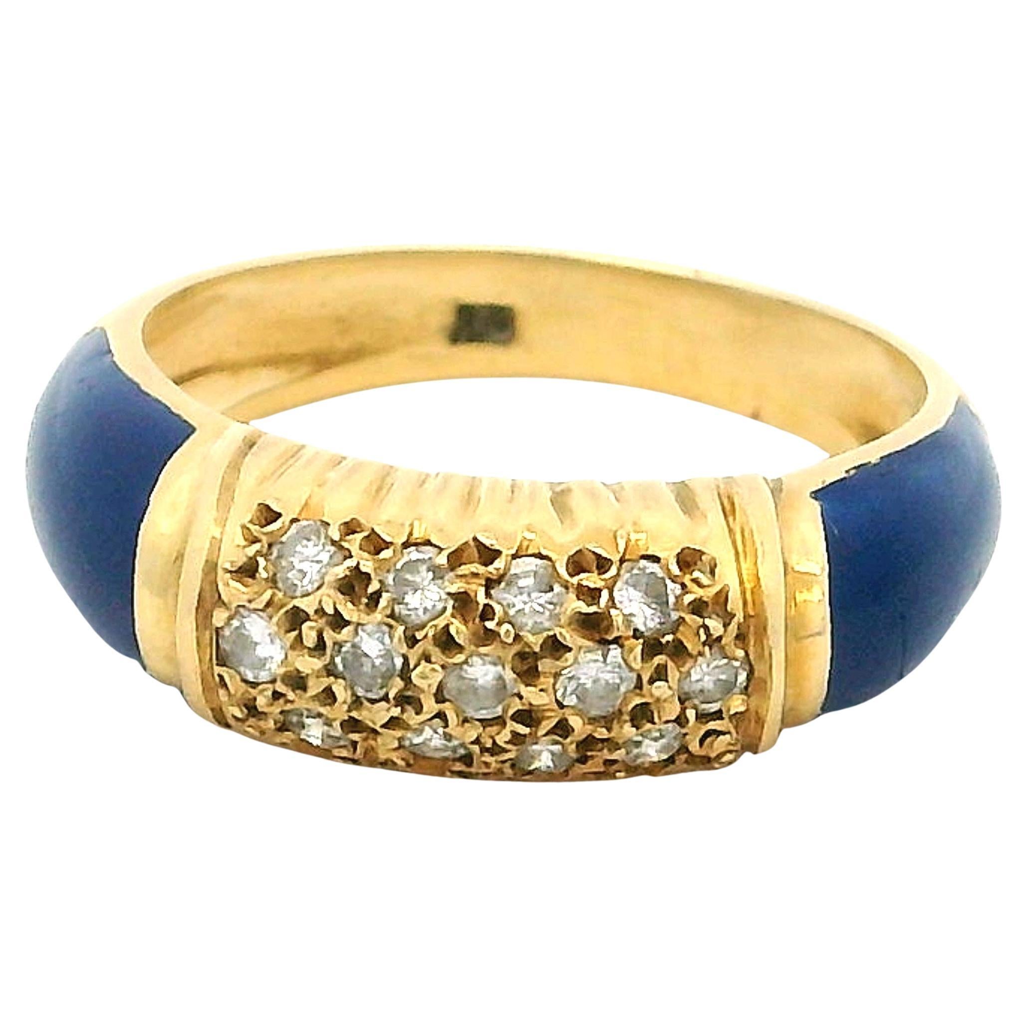 1980s Italian 18K Yellow Gold Blue Enamel and Diamond Ring