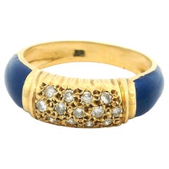 1980s Italian 18K Yellow Gold Blue Enamel and Diamond Ring