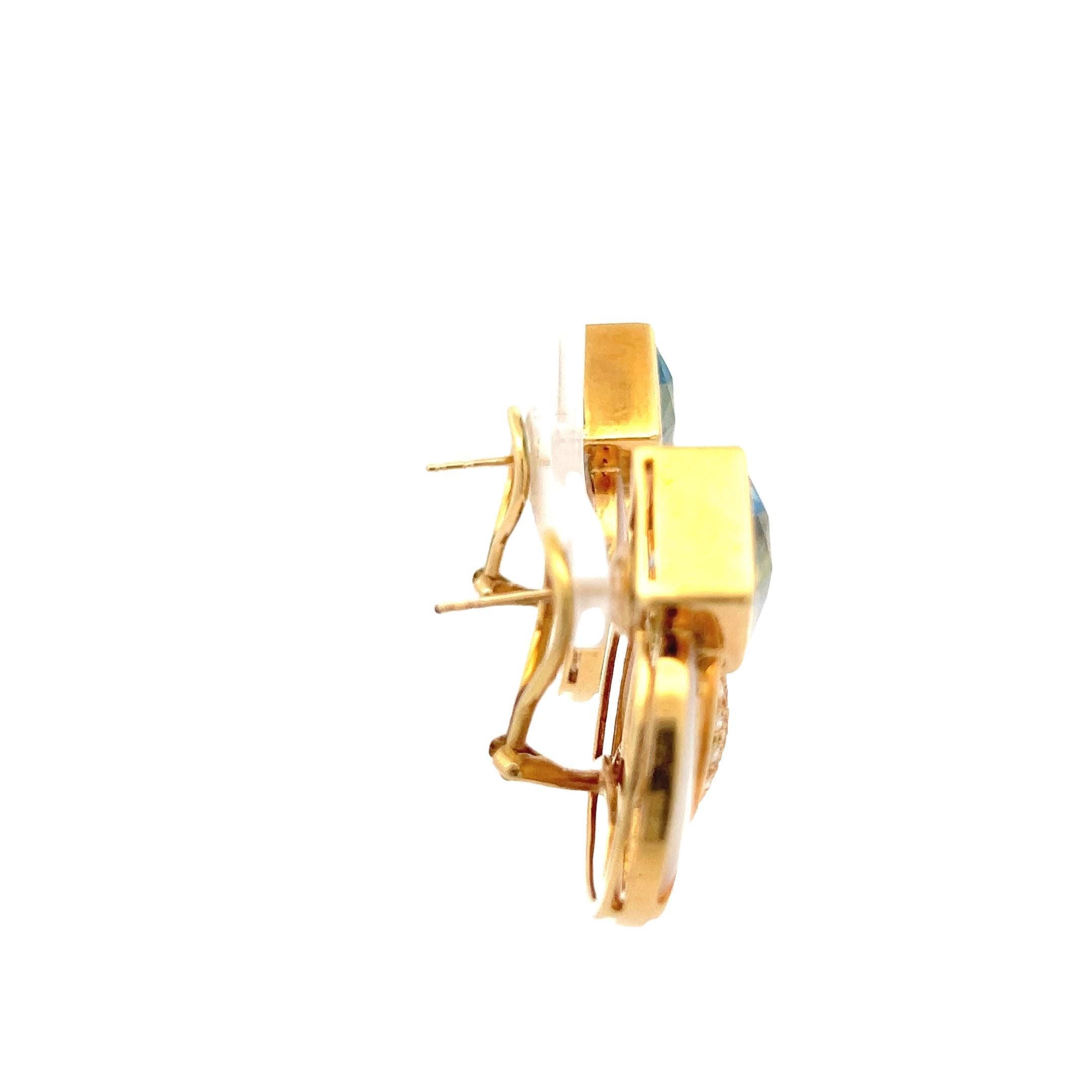 Quadrato Orecchini italiani anni '80 in oro giallo 18 carati con topazio blu, diamante e madreperla in vendita