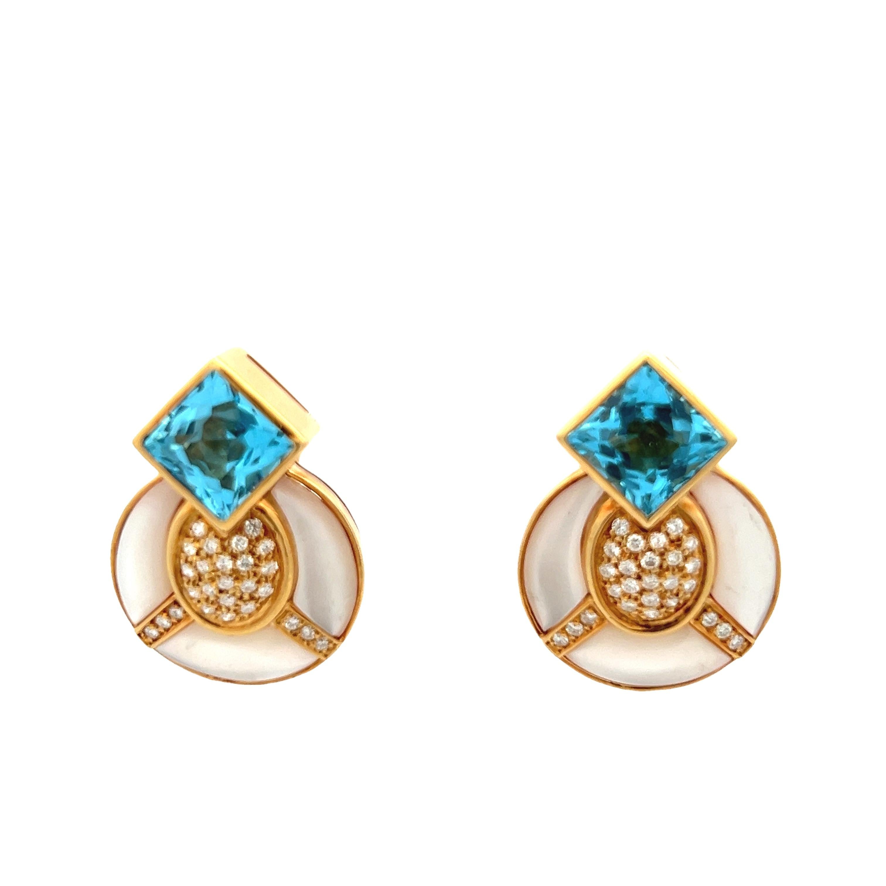 Orecchini italiani anni '80 in oro giallo 18 carati con topazio blu, diamante e madreperla In condizioni ottime in vendita a Miami, FL