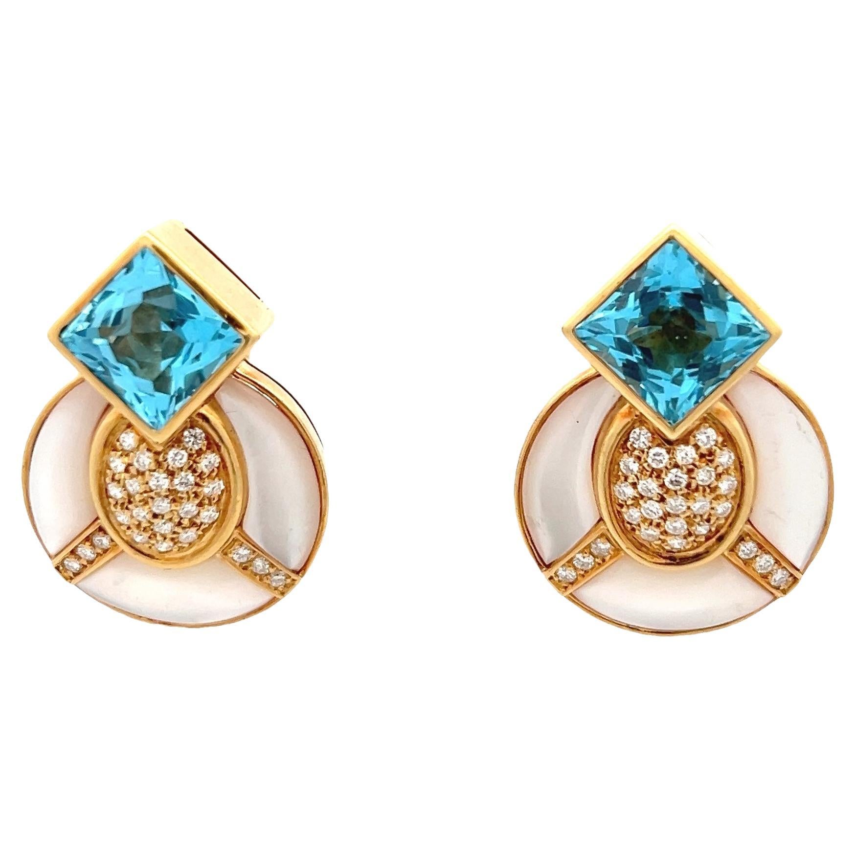 Orecchini italiani anni '80 in oro giallo 18 carati con topazio blu, diamante e madreperla