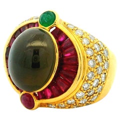 1980s Italian 18K Yellow Gold Tiger's Eye, Ruby, Emerald & Diamond Cocktail Ring