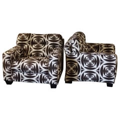 1980s Italian Armchairs Geometric Fabric, Wood Details