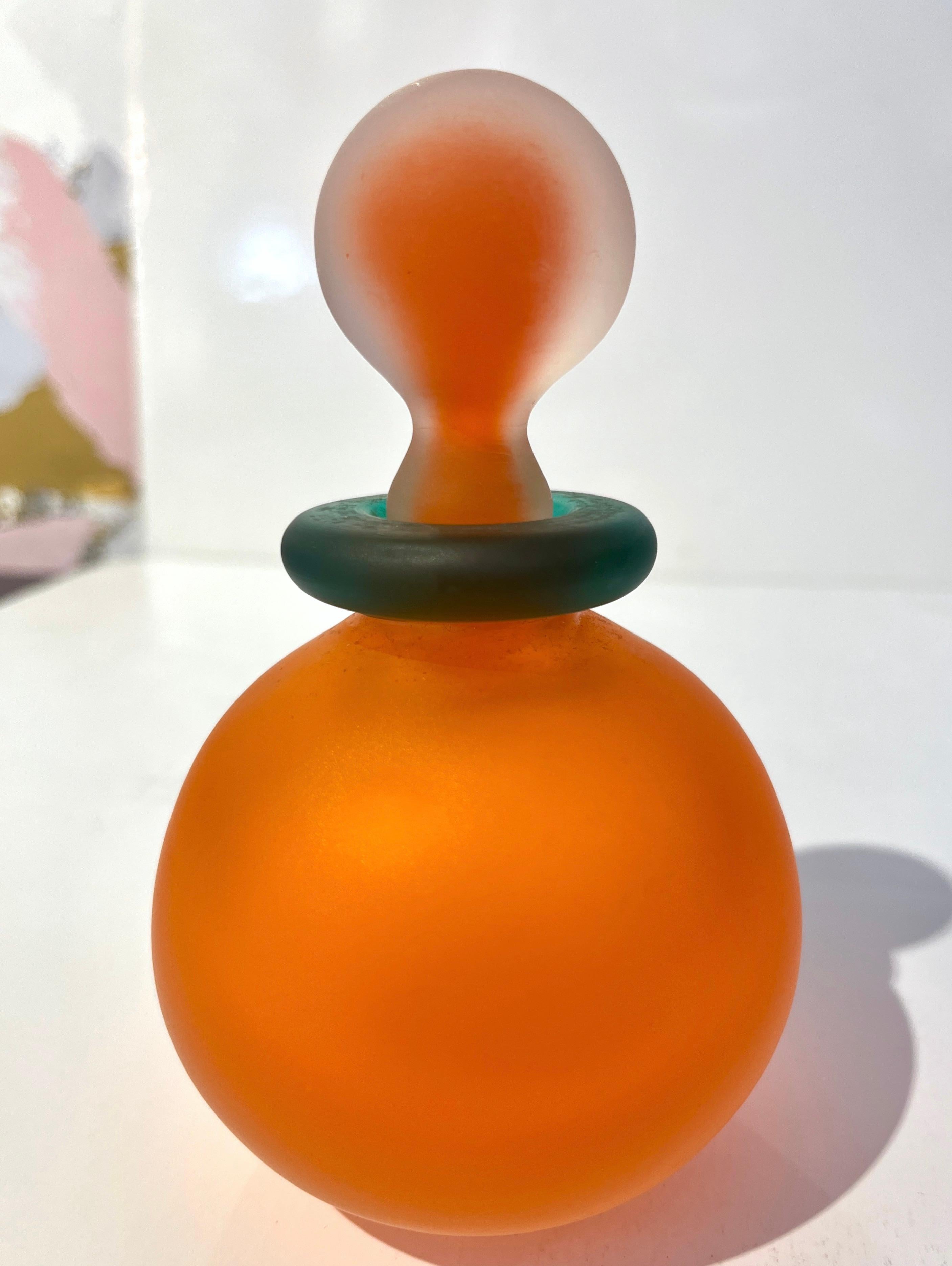 1980s Italian Art Crystal Orange Green Frosted Murano Glass Bottle with Stopper 4
