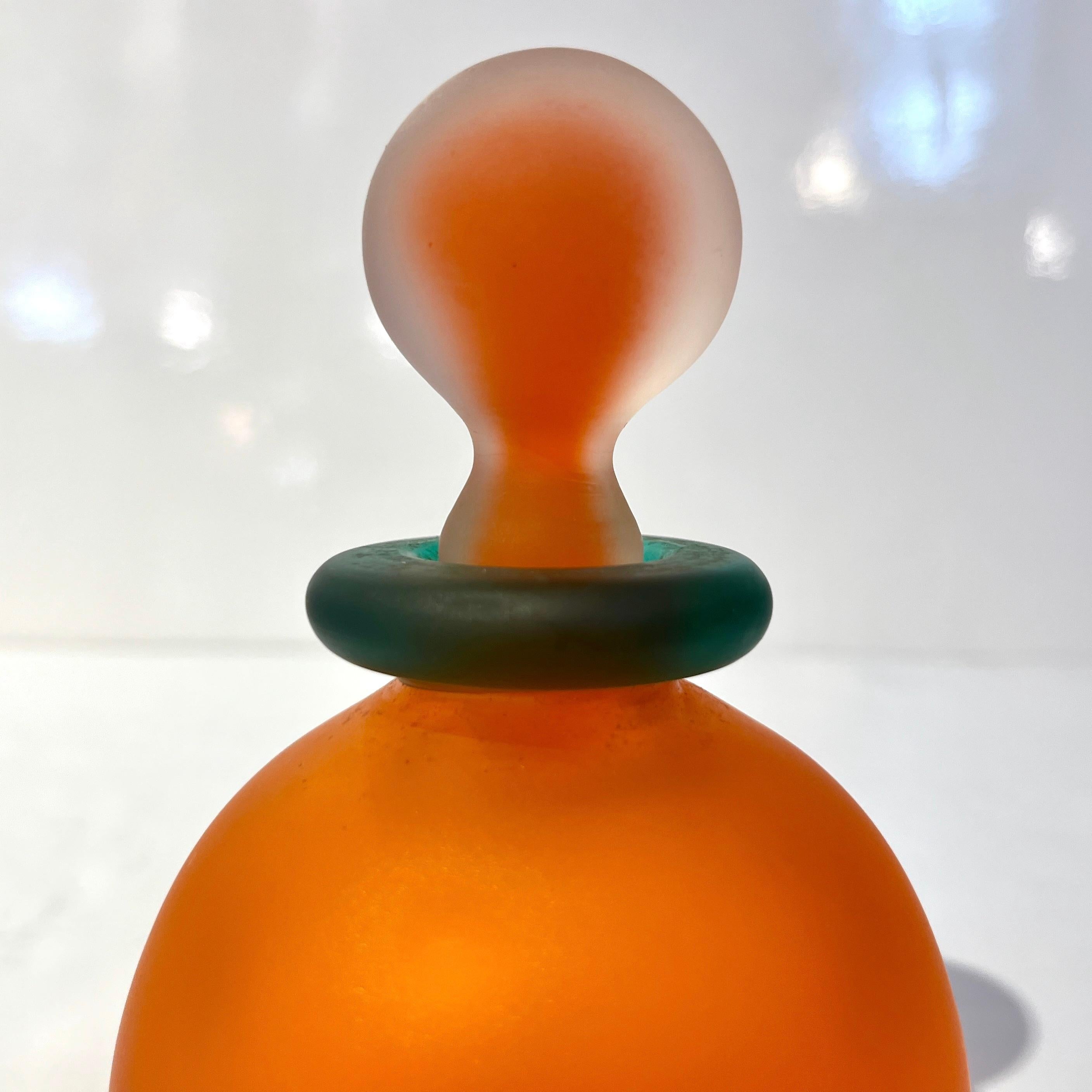 1980s Italian Art Crystal Orange Green Frosted Murano Glass Bottle with Stopper 5
