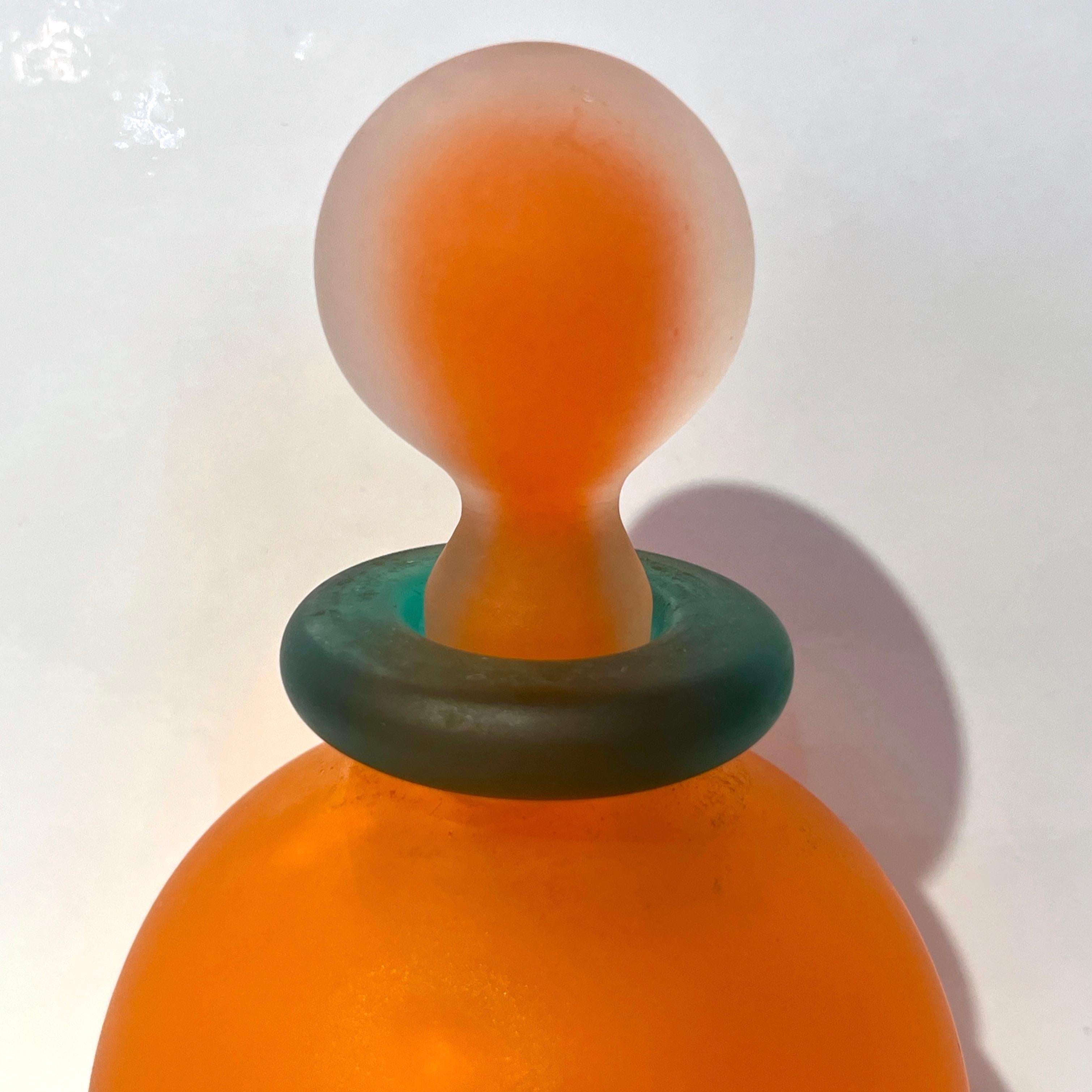 Mid-Century Modern 1980s Italian Art Crystal Orange Green Frosted Murano Glass Bottle with Stopper