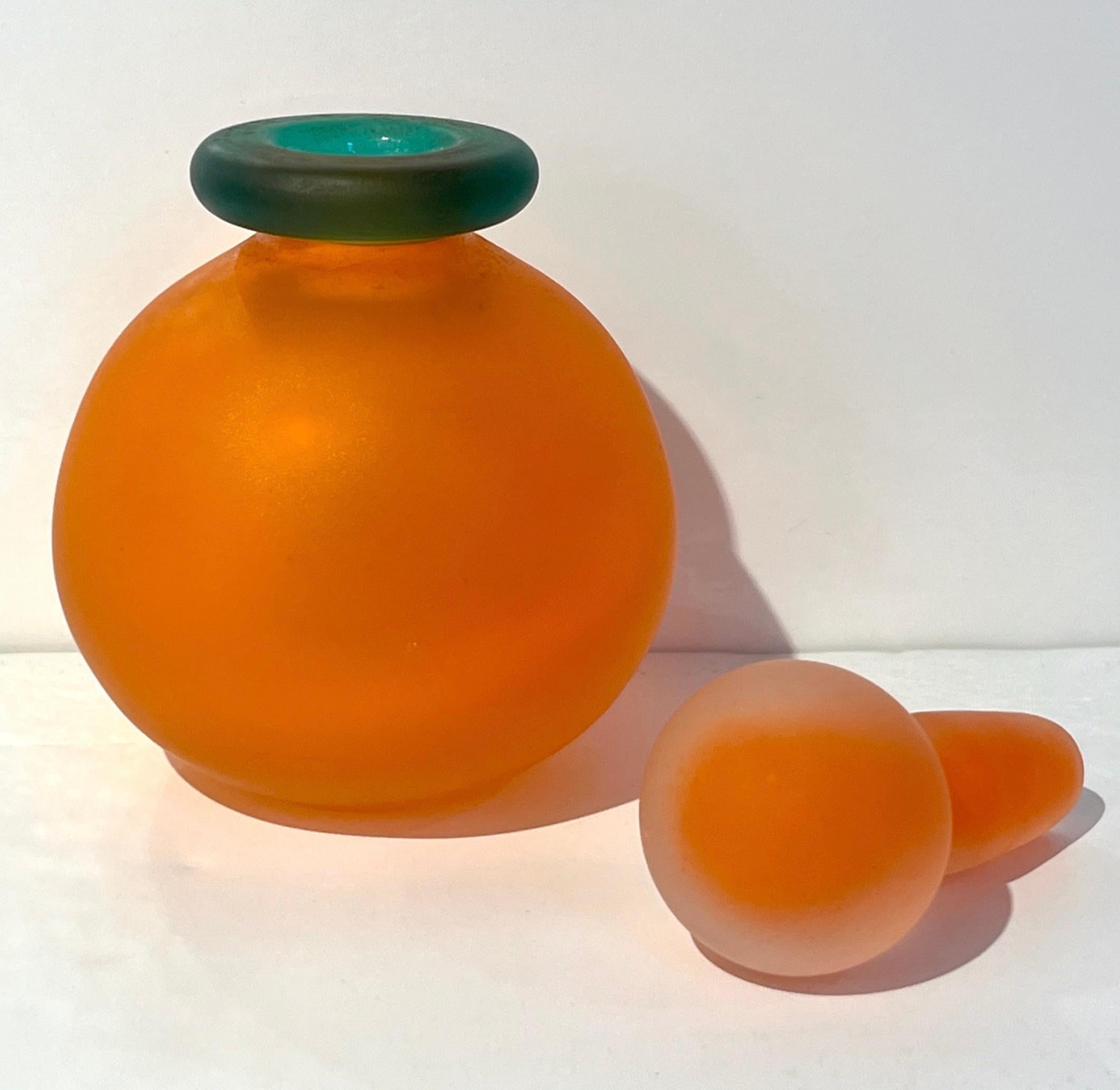 1980s Italian Art Crystal Orange Green Frosted Murano Glass Bottle with Stopper 6