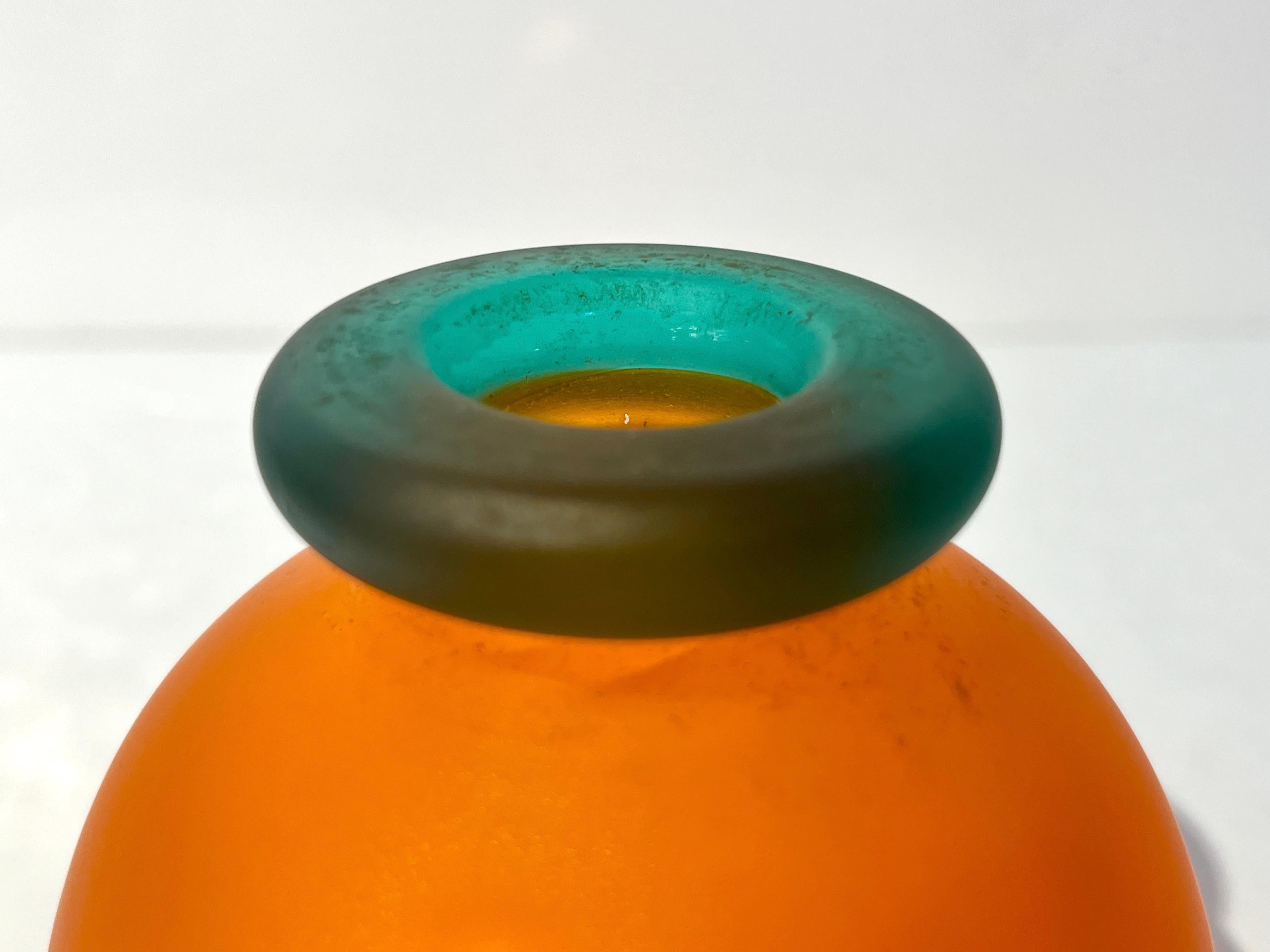 1980s Italian Art Crystal Orange Green Frosted Murano Glass Bottle with Stopper In Excellent Condition In New York, NY