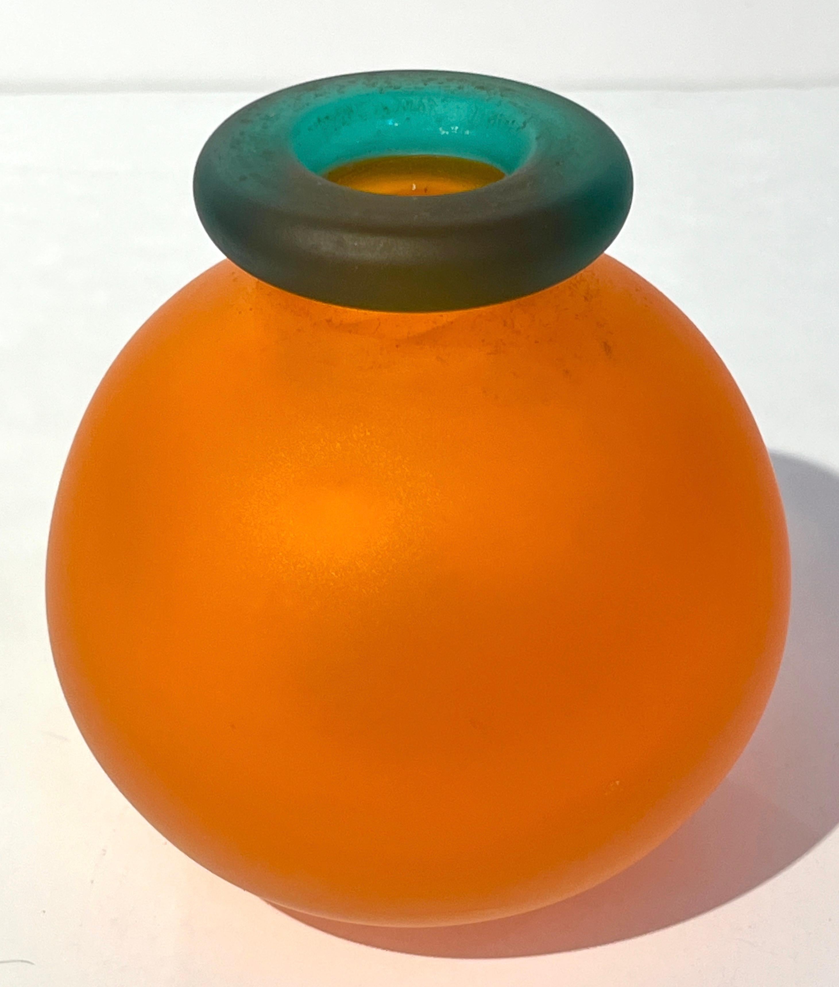 Late 20th Century 1980s Italian Art Crystal Orange Green Frosted Murano Glass Bottle with Stopper
