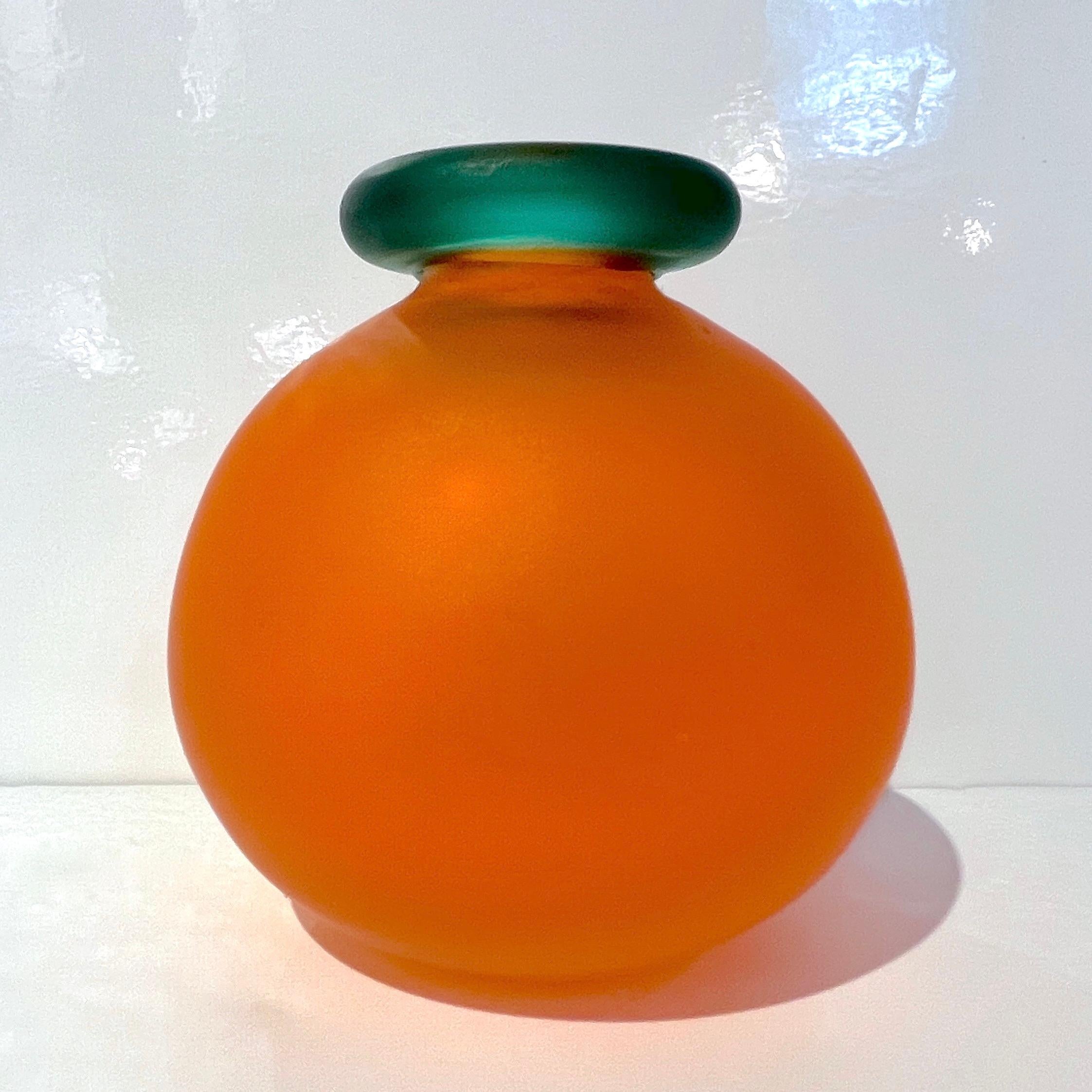 Art Glass 1980s Italian Art Crystal Orange Green Frosted Murano Glass Bottle with Stopper