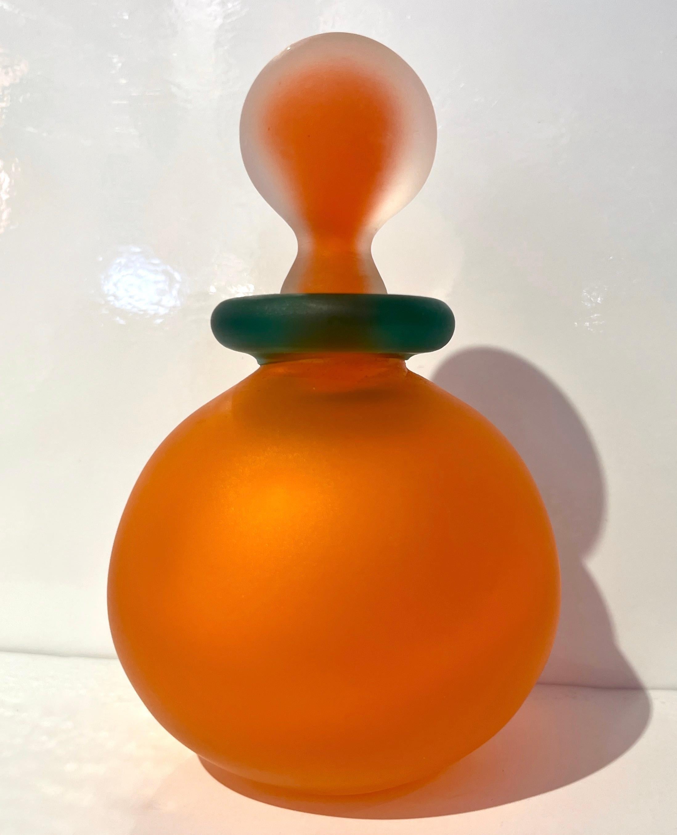 1980s Italian Art Crystal Orange Green Frosted Murano Glass Bottle with Stopper 3