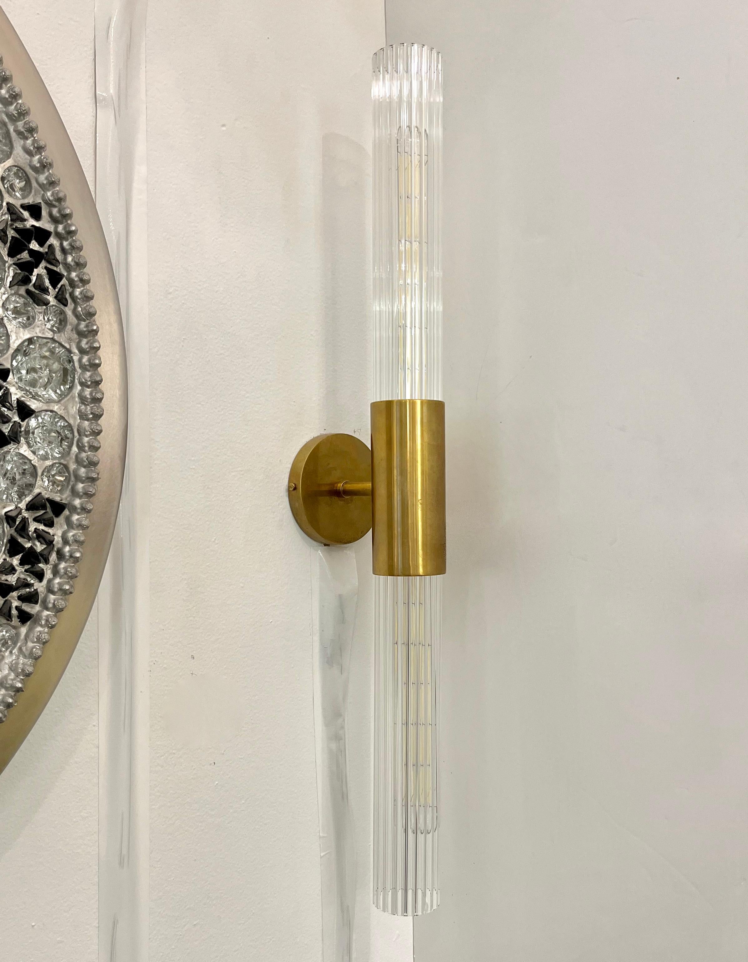 1980s Italian Art Deco Style Pair of Reeded Crystal Glass Brass Tubular Sconces 5